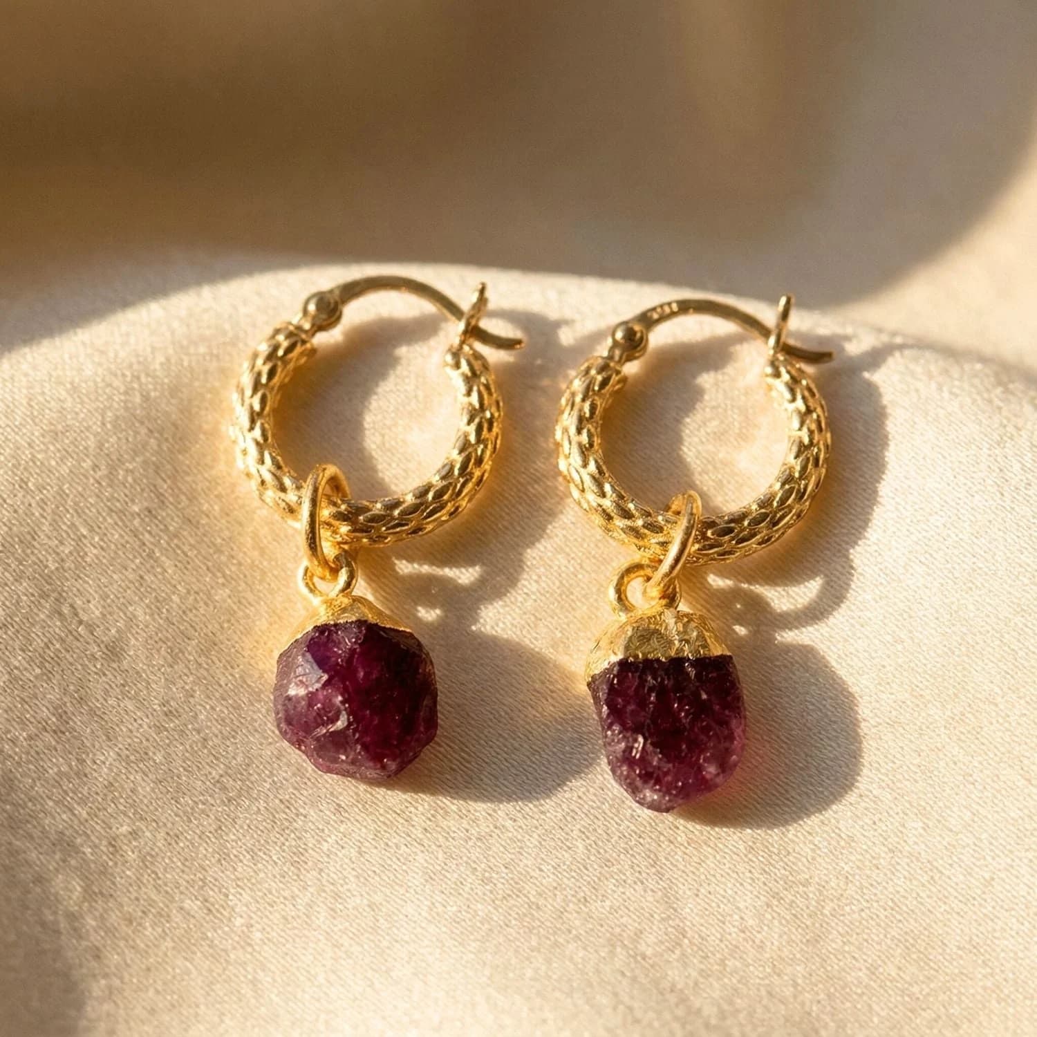 Raw Ruby July Birthstone Huggie Hoops – image 1