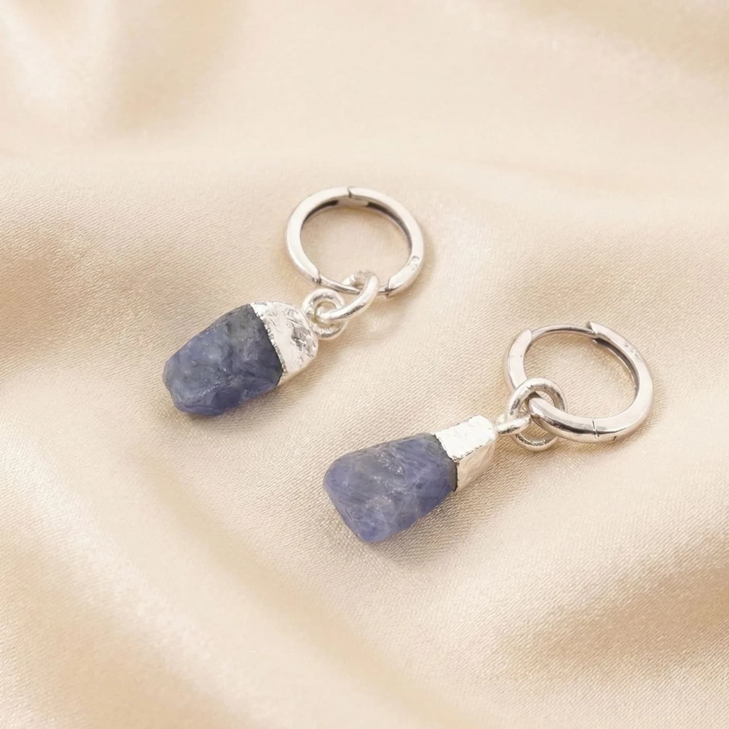 Raw Sapphire Sterling Silver Round Huggies