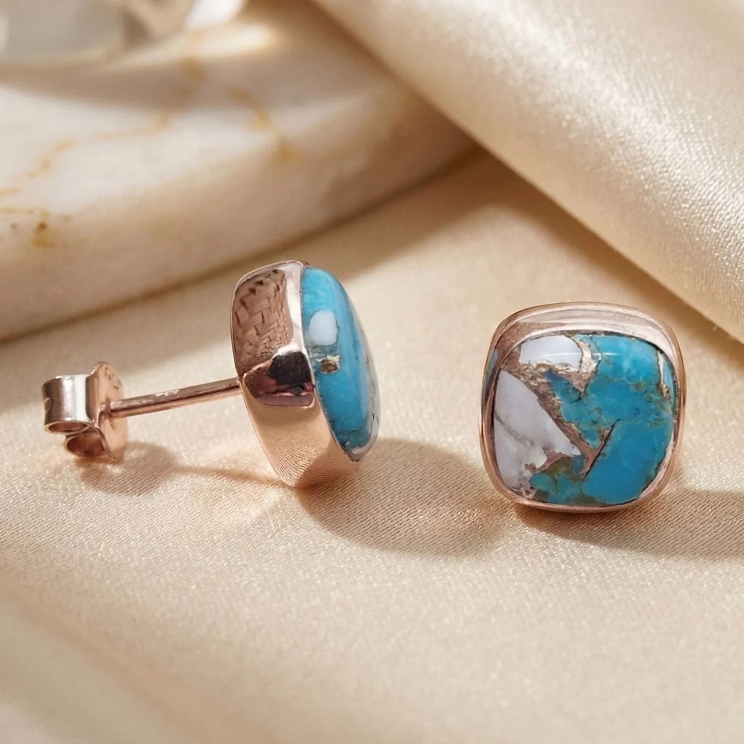 Rose Gold Vermeil Plated Opal And Turquoise Gemstone Stud Earrings