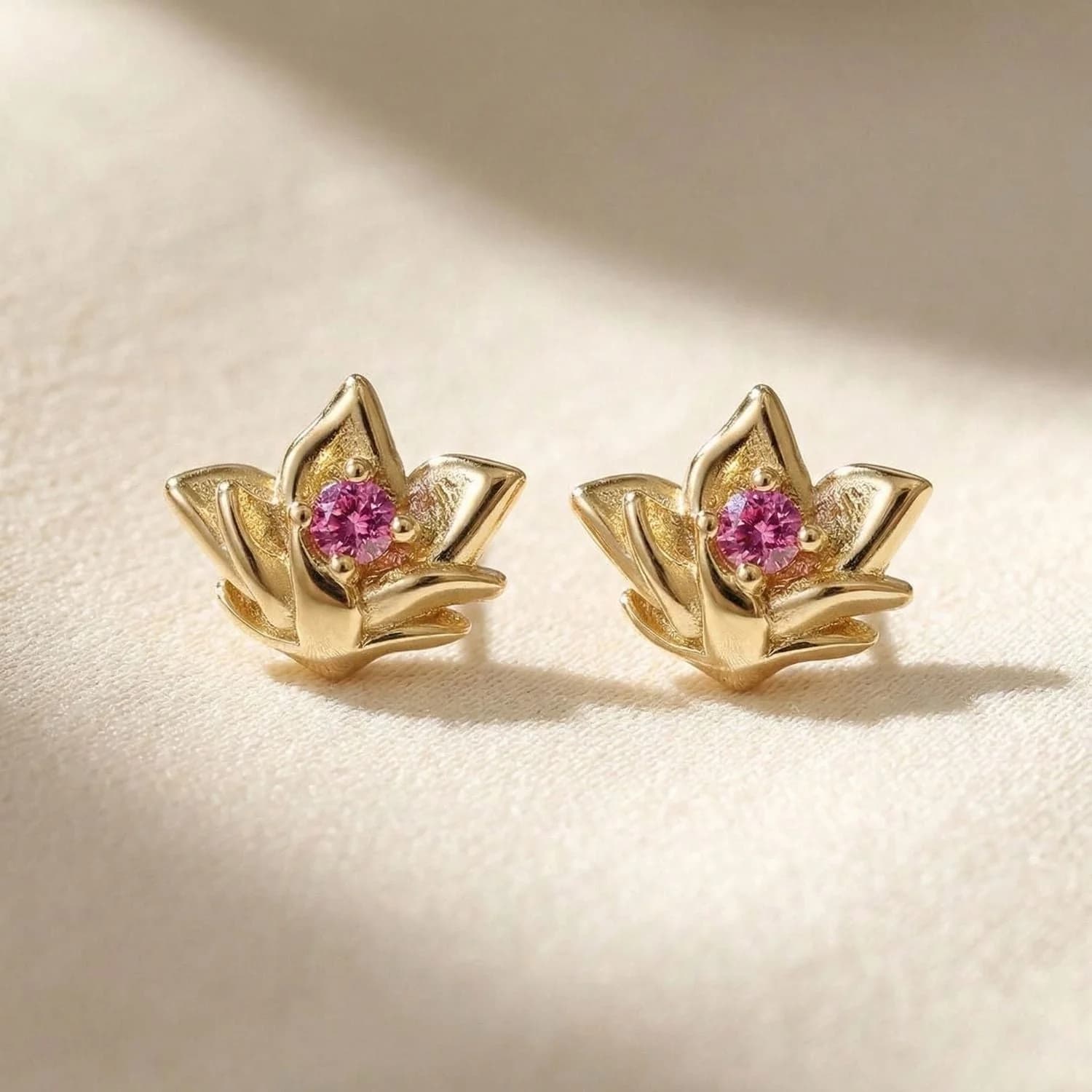 Ruby July Birthstone Larkspur Birthflower Gold Plated Stud Earrings