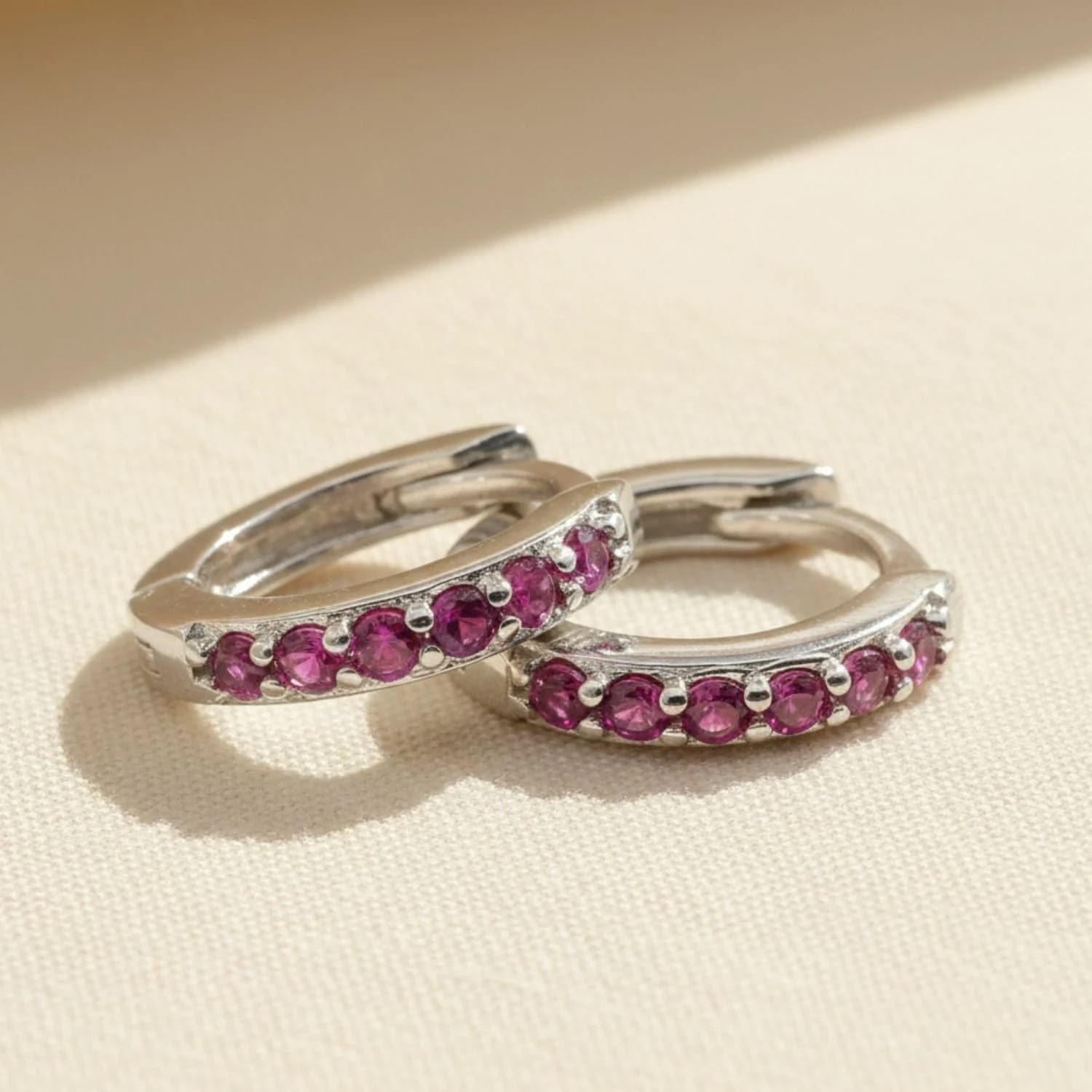 Ruby July Birthstone Small Huggie Hoop Silver Earrings – image 1