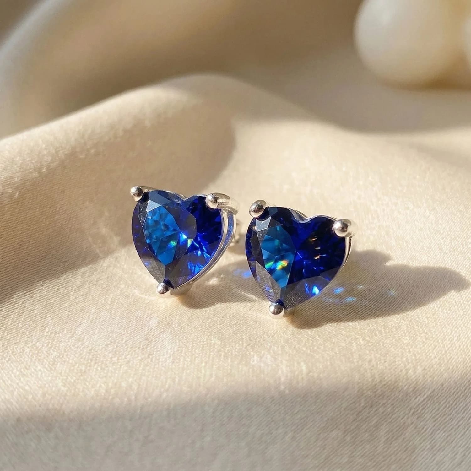 Sapphire Heart Sterling Silver Stud Gemstone Earrings