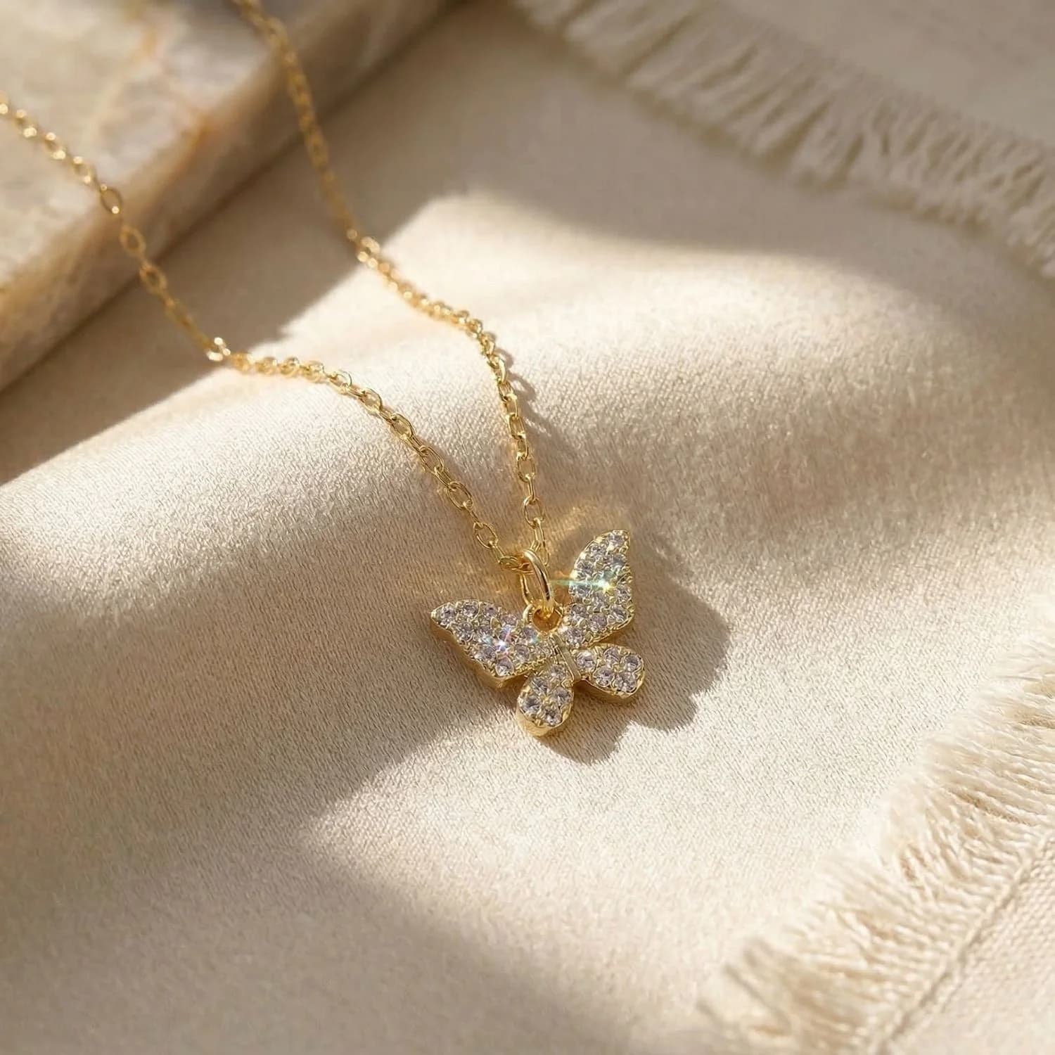 Small Butterfly Micro Pave Gold Plated Charm Necklace