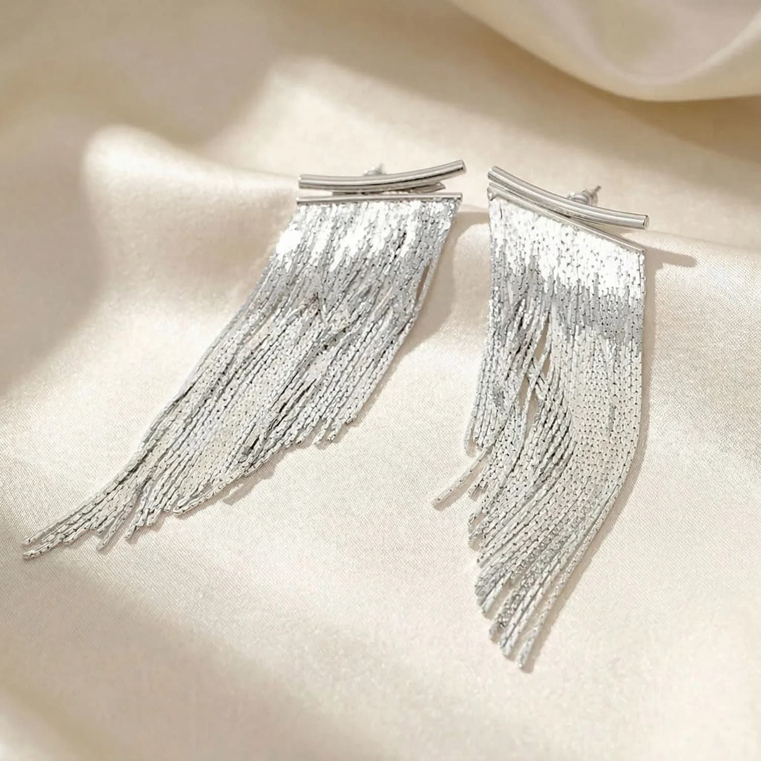 Statement Silver Waterfall Party Tassel Earrings – image 1