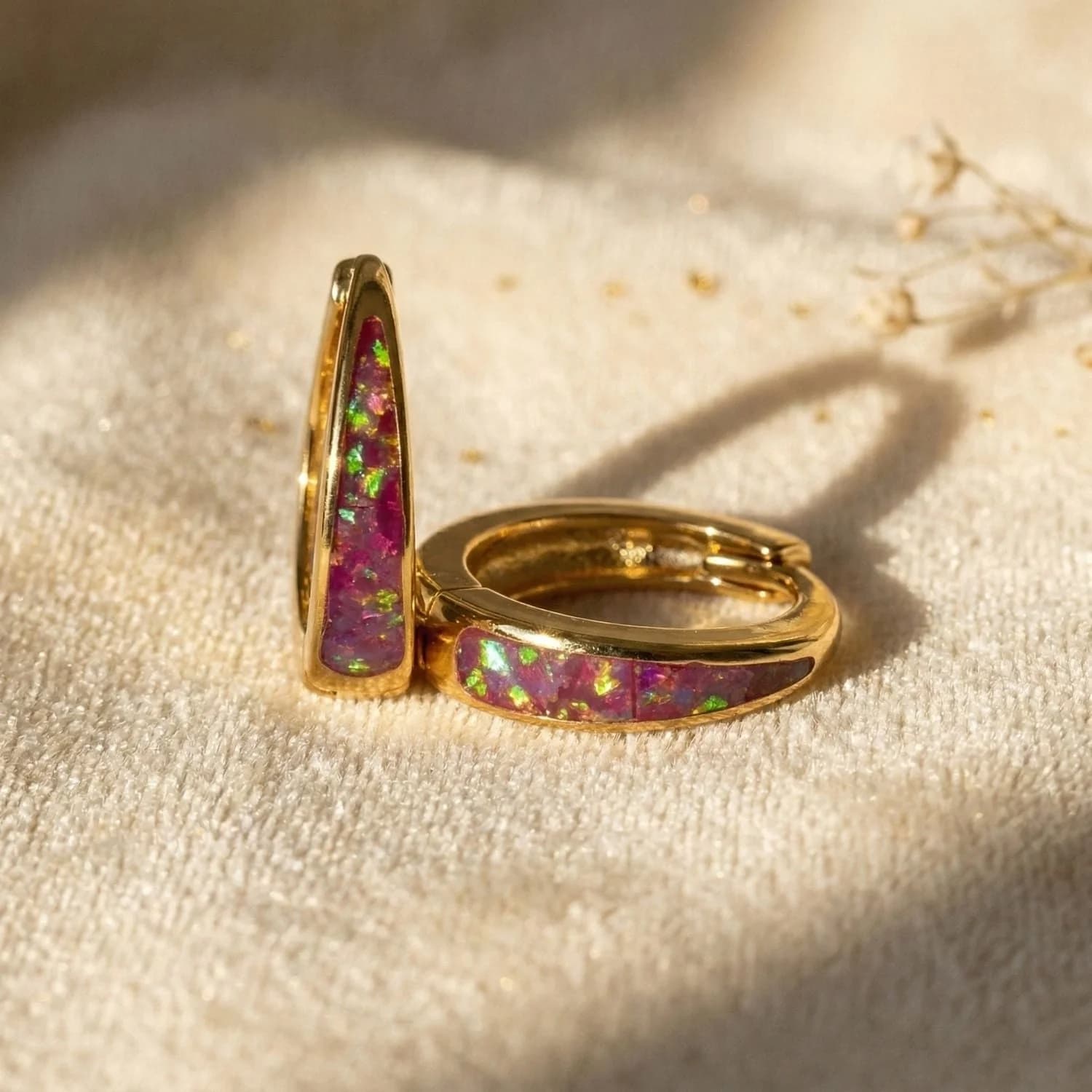 Tapered Magenta Purple Opal Gold Plated Hoop Earrings