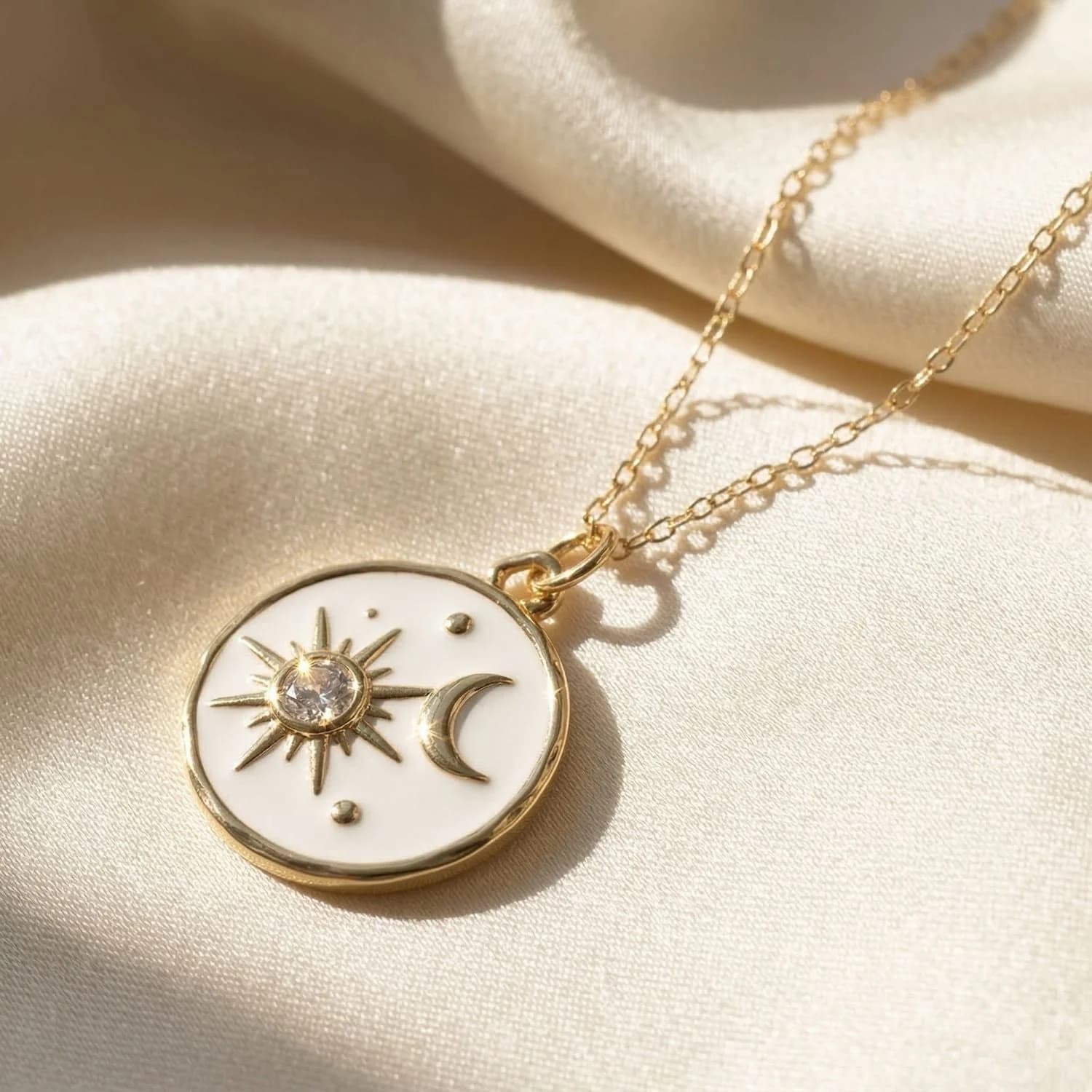White Enamel Celestial Sun Moon Round Charm Necklace