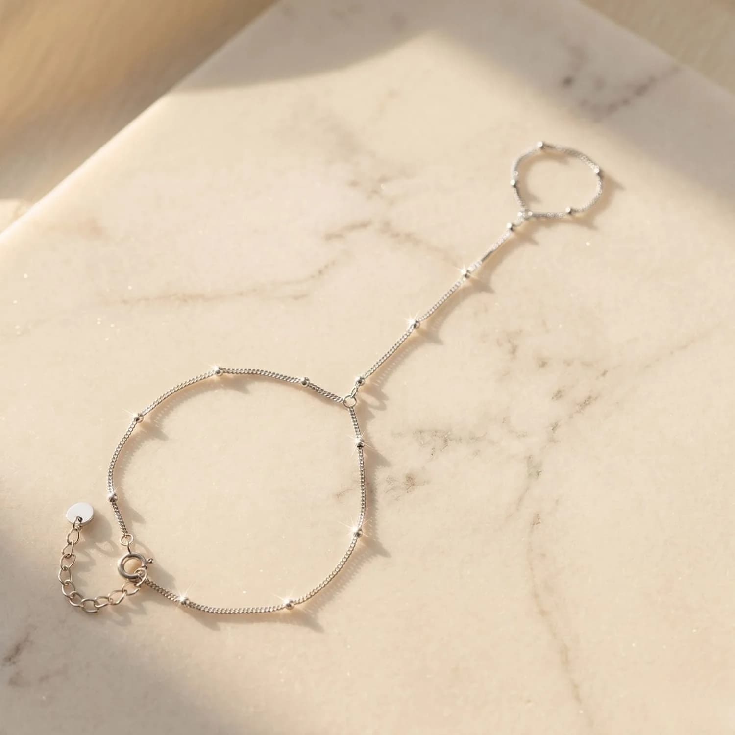 Sterling Silver Dainty Beaded Link Chain Bracelet And Ring