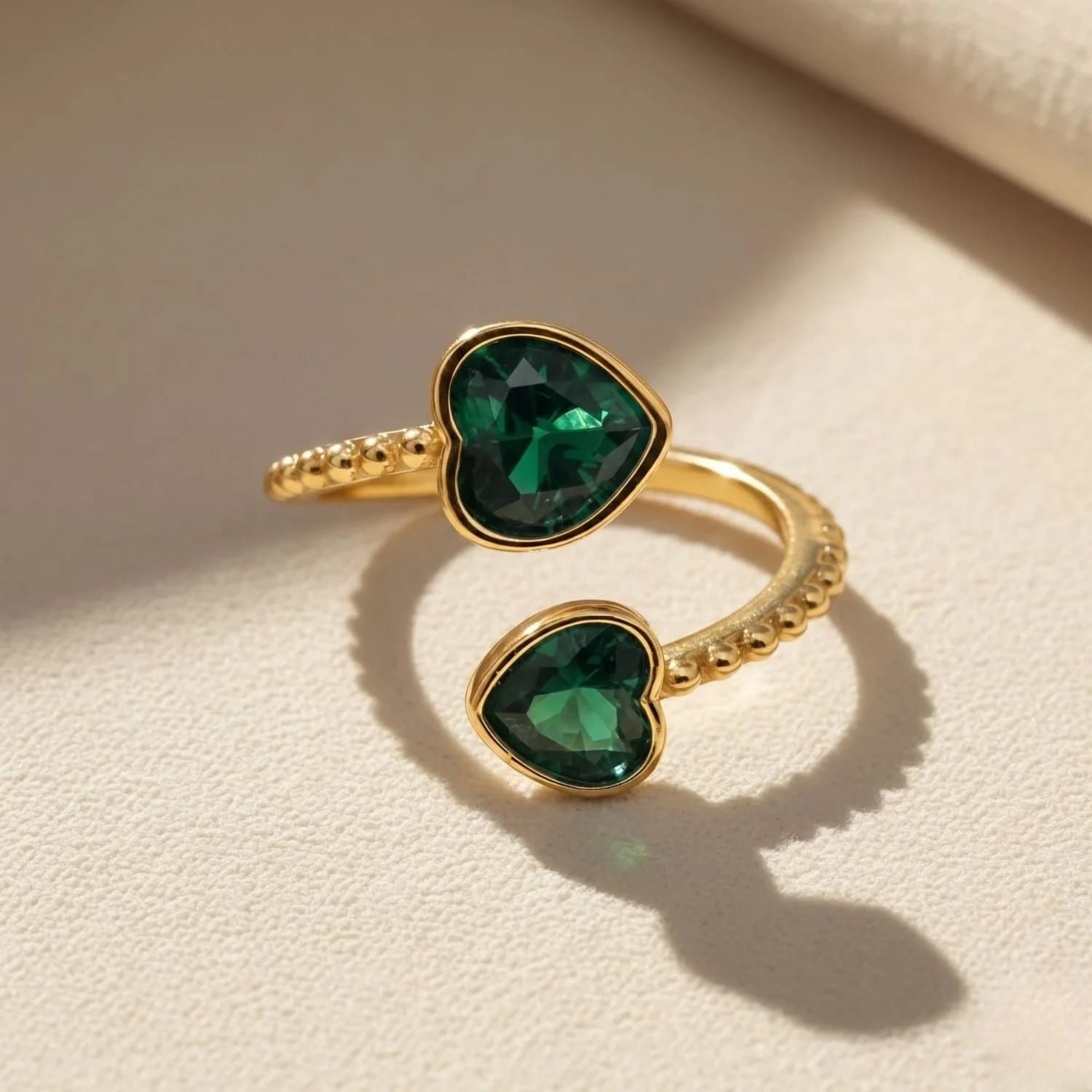 Double Heart Emerald May Birthstone Adjustable Gold Plated Ring