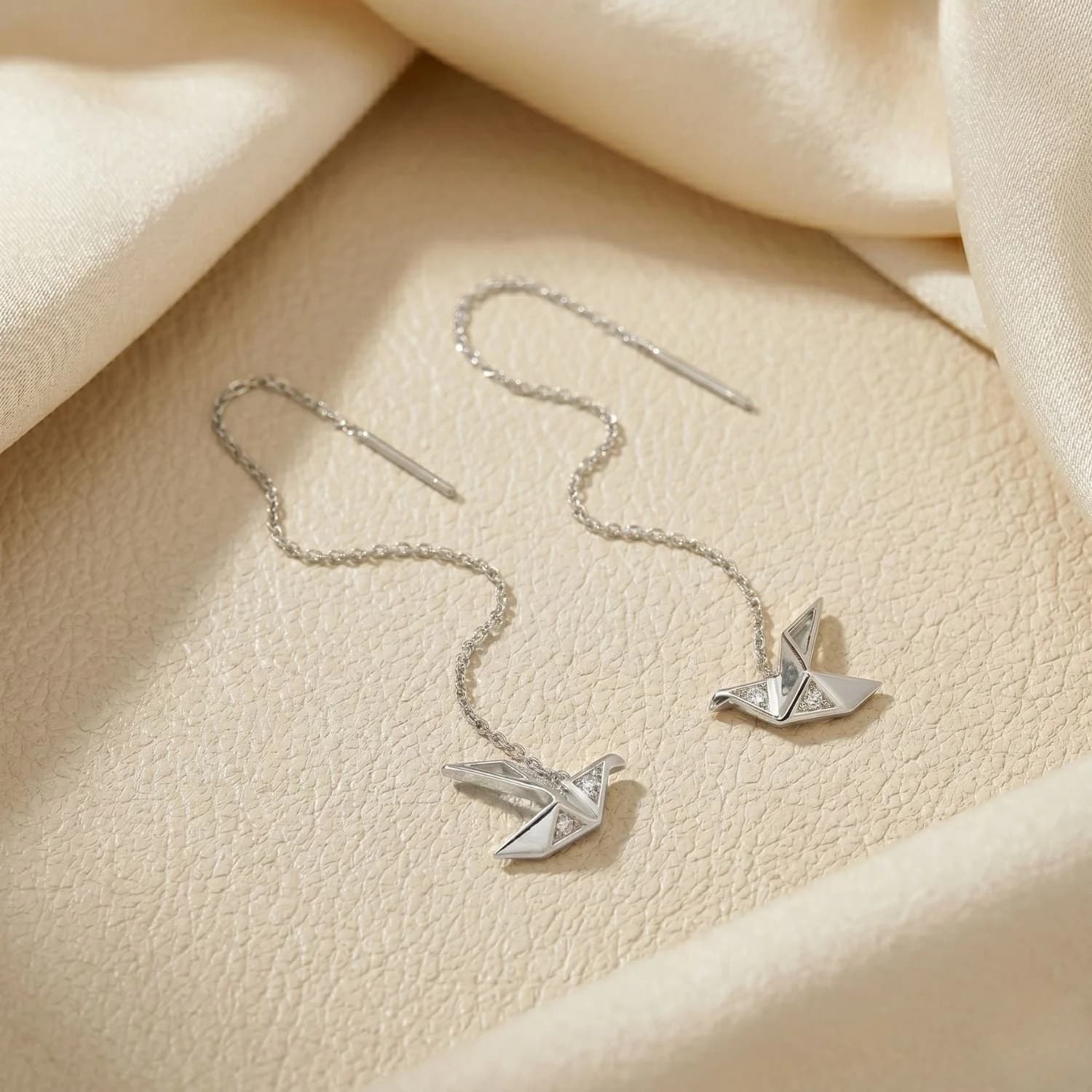 Sterling Silver Origami Crane Japanese Threader Earrings