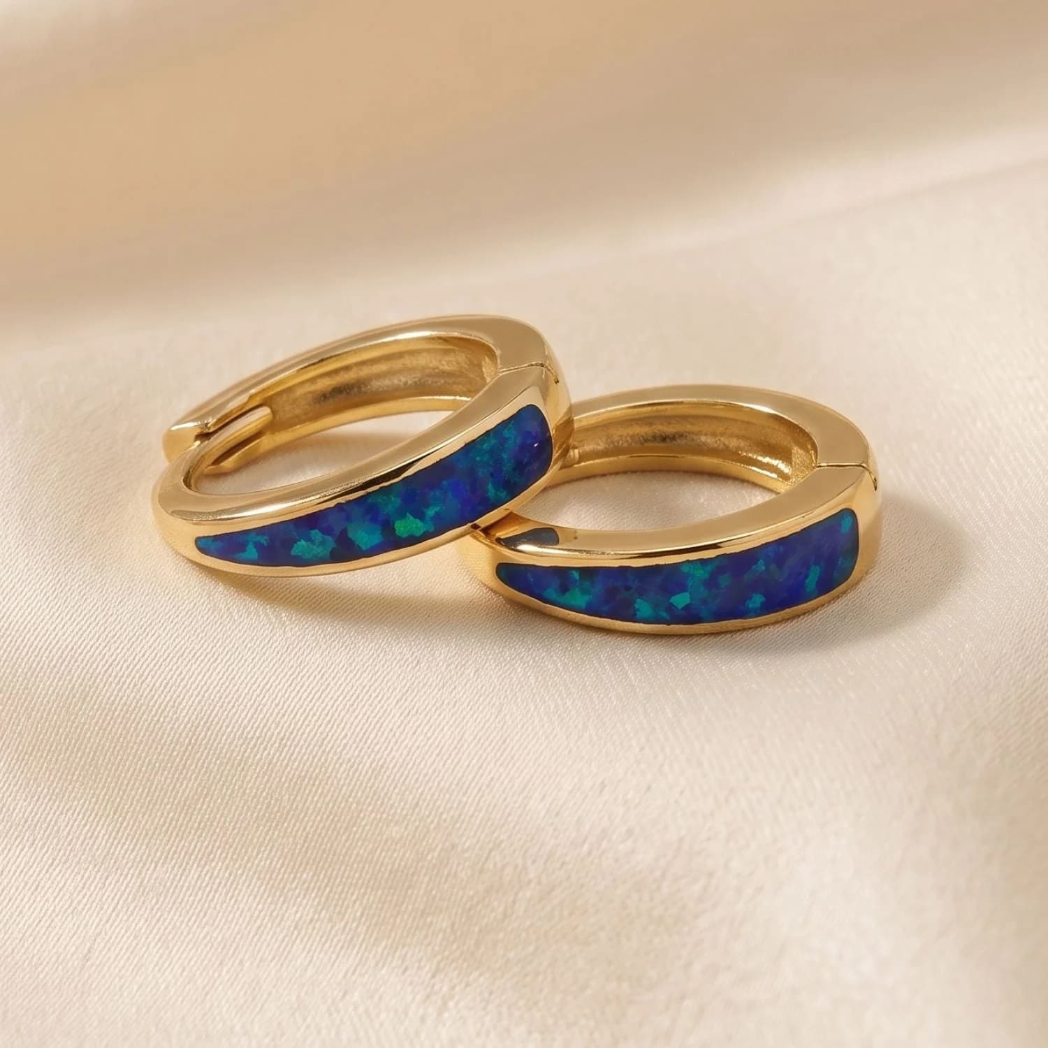 18ct Gold Plated Deep Blue Opal Tapered Huggie Hoop Earrings