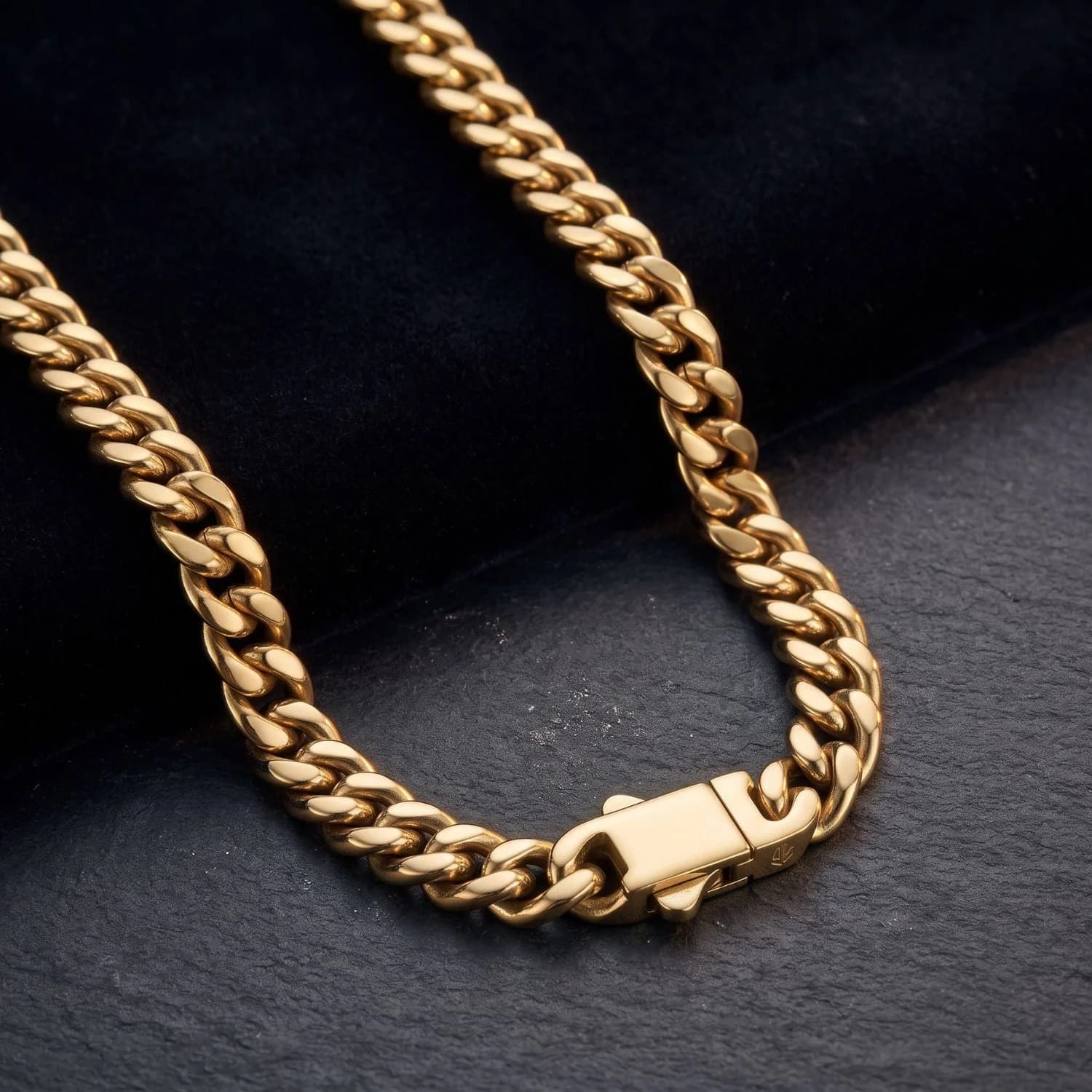 Men's Cuban curb chain necklace in PVD 18ct gold plated stainless steel, another angle