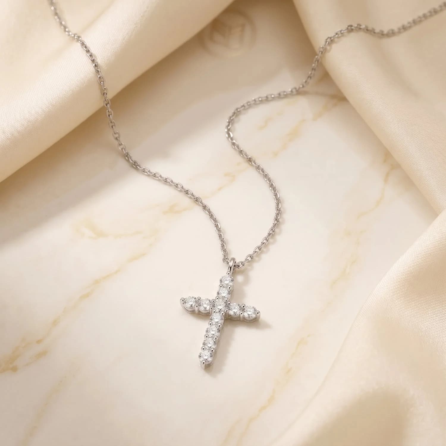 Sparkling cross pendant necklace set with CZ in rhodium plated sterling silver, another angle