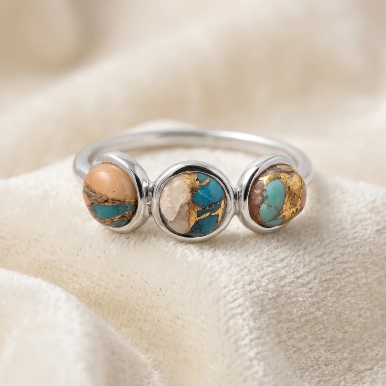 Minimalist natural opal and turquoise gemstone ring in sterling silver