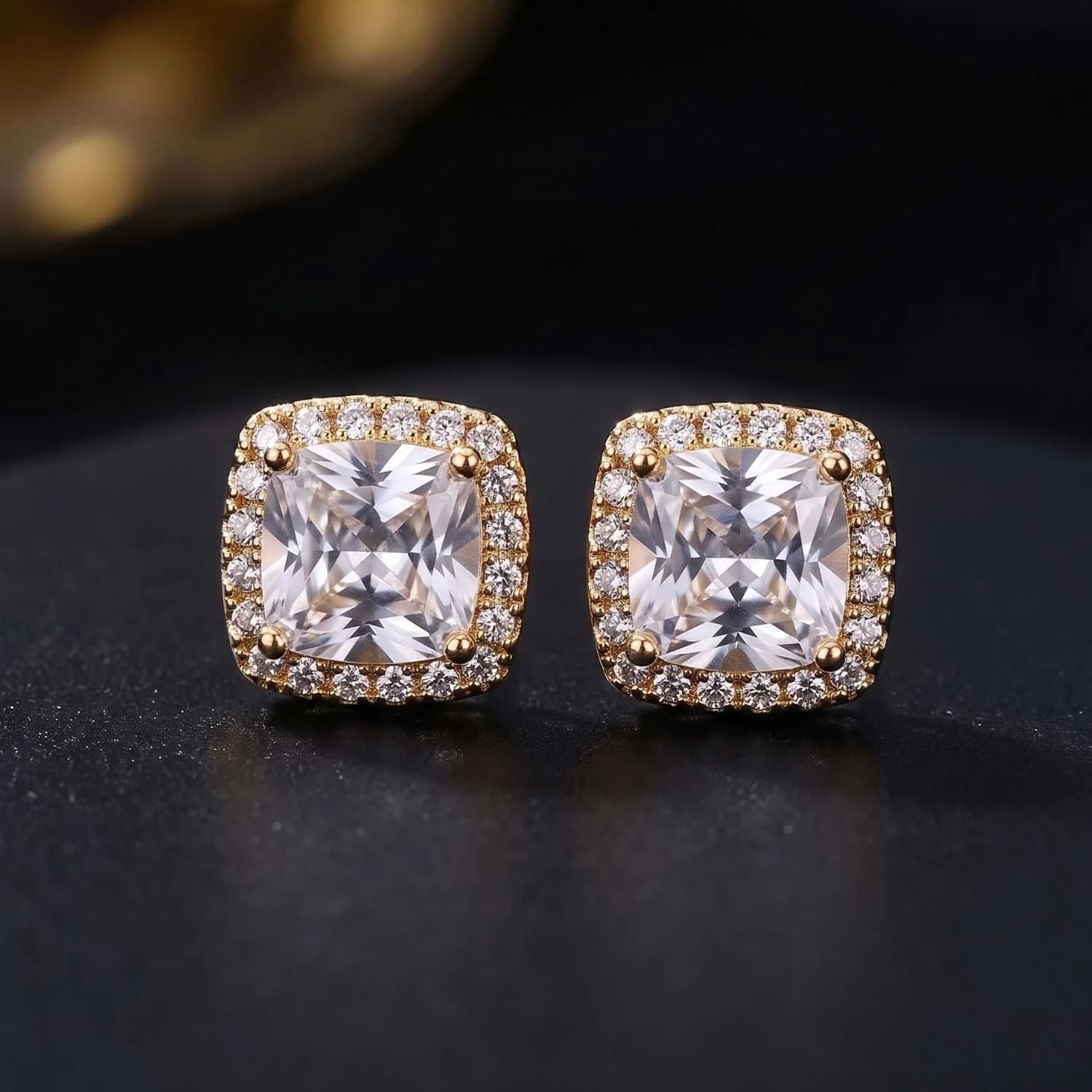 18ct Gold Plated Cushion Cut Pavé Halo Stud Earrings For Men