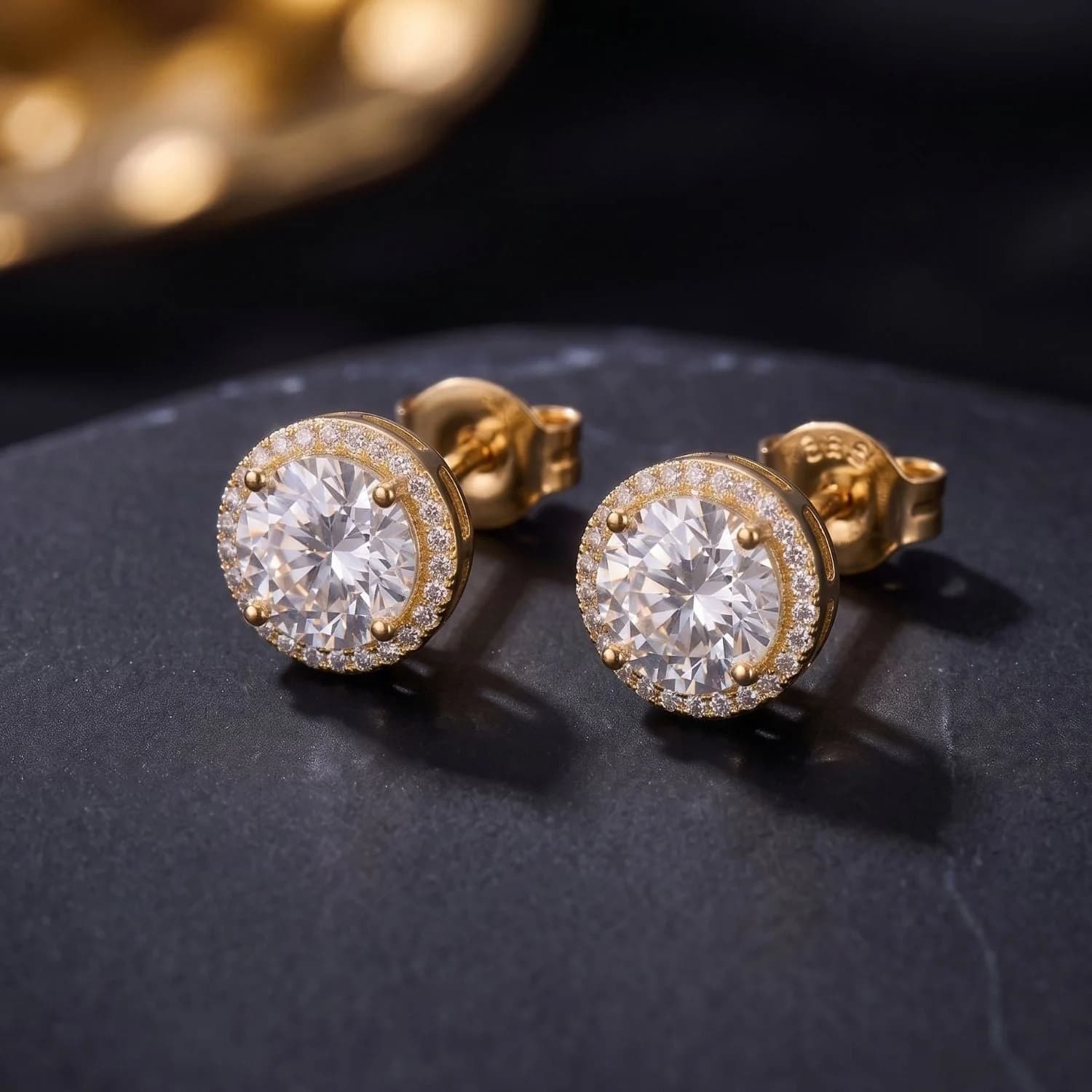 Men's round pavé halo stud earrings with CZ in PVD 18ct gold plated stainless steel, another angle