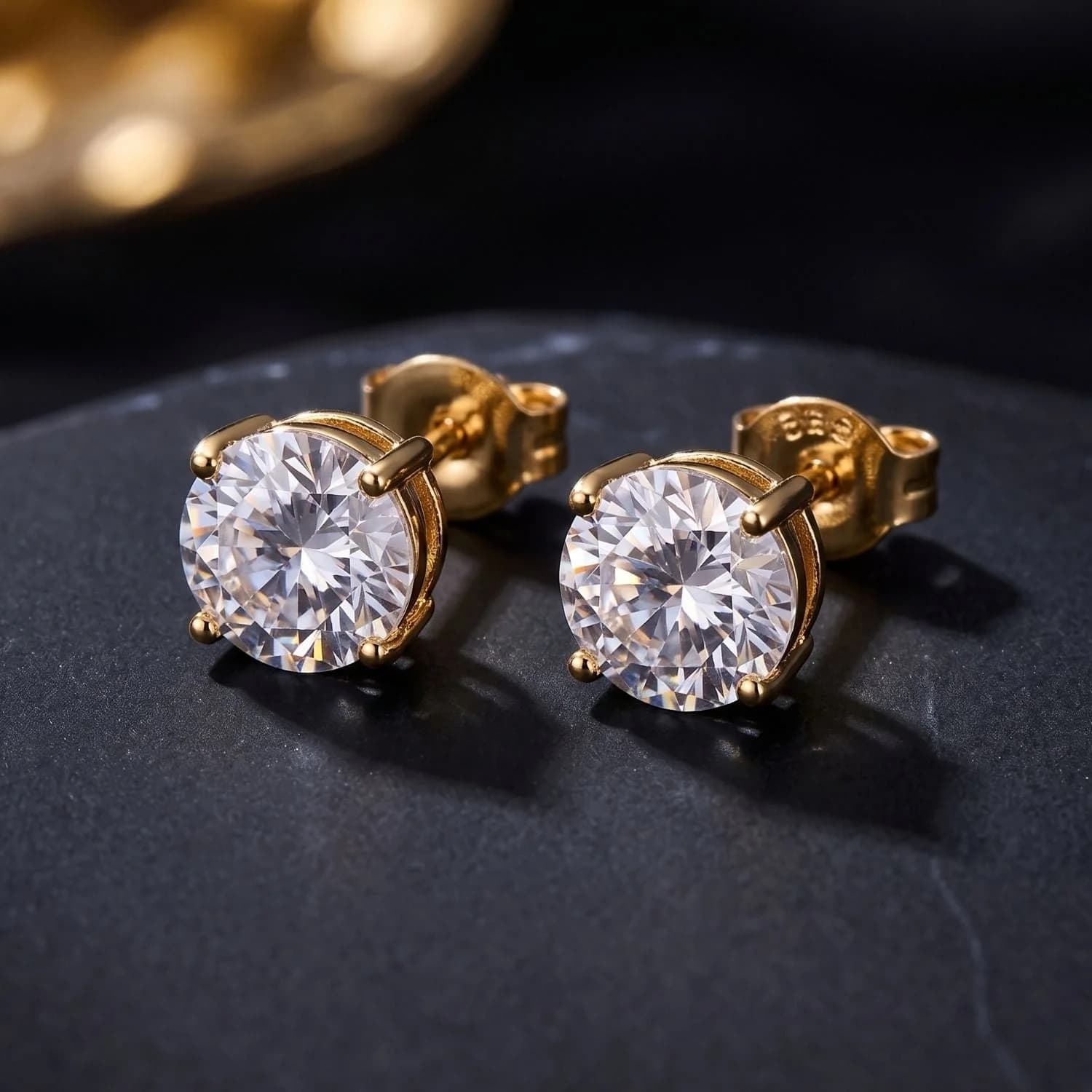 Men's round solitaire stud earrings in PVD 18ct gold plated stainless steel, CZ