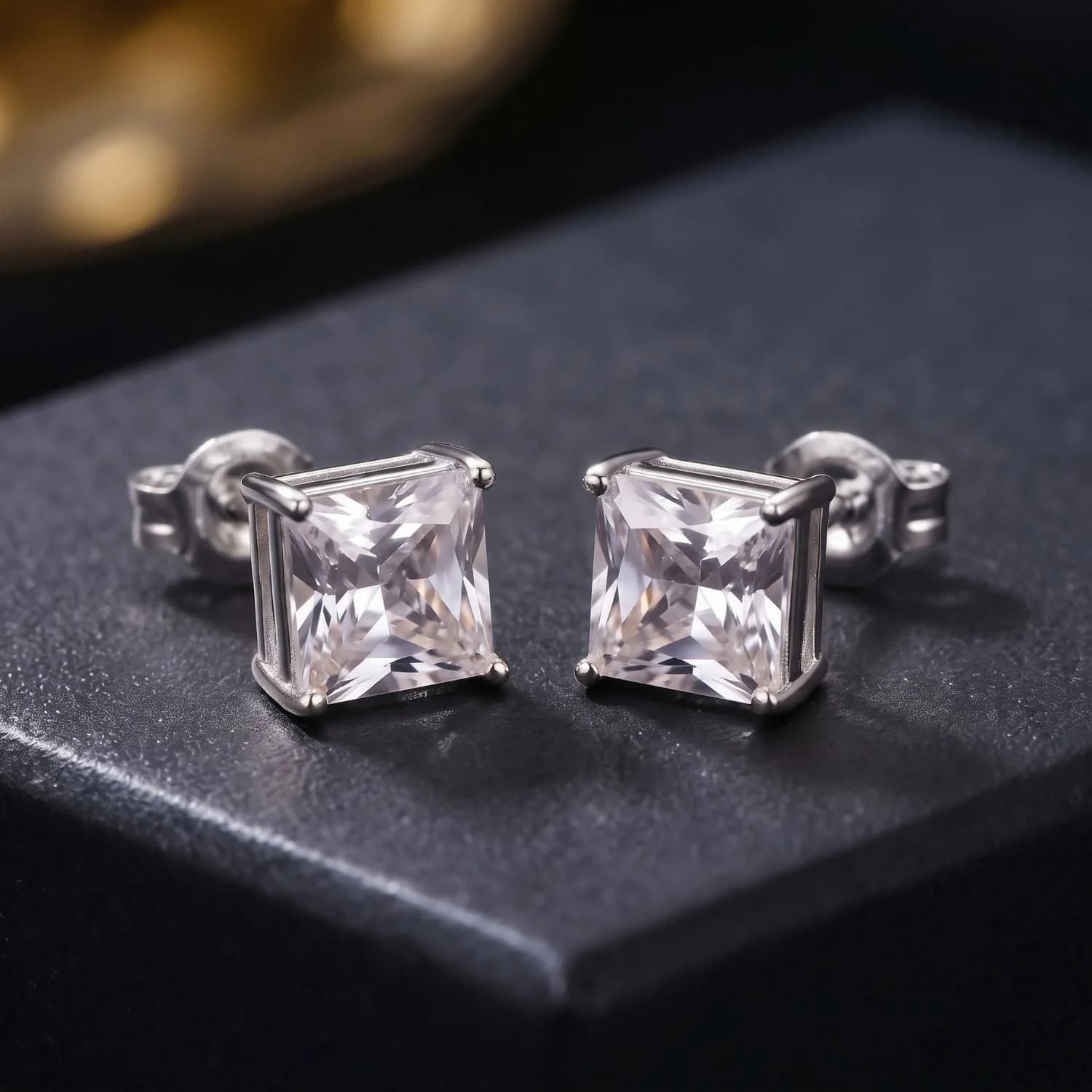 Silver Square Solitaire Stud Earrings For Men