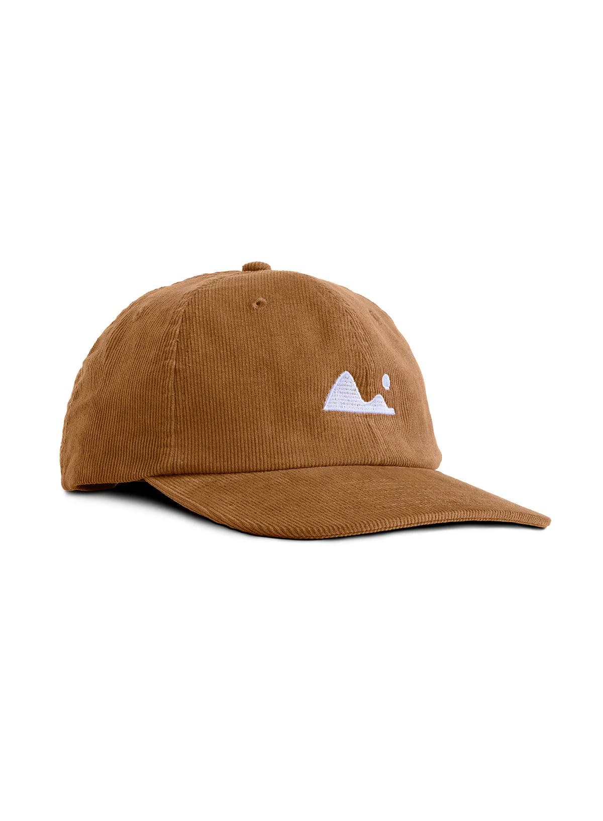 A Sutsu Mountain&Sun Heritage Cord Cap in tan brown - corduroy caps with embroidered mountain range and sun graphic.