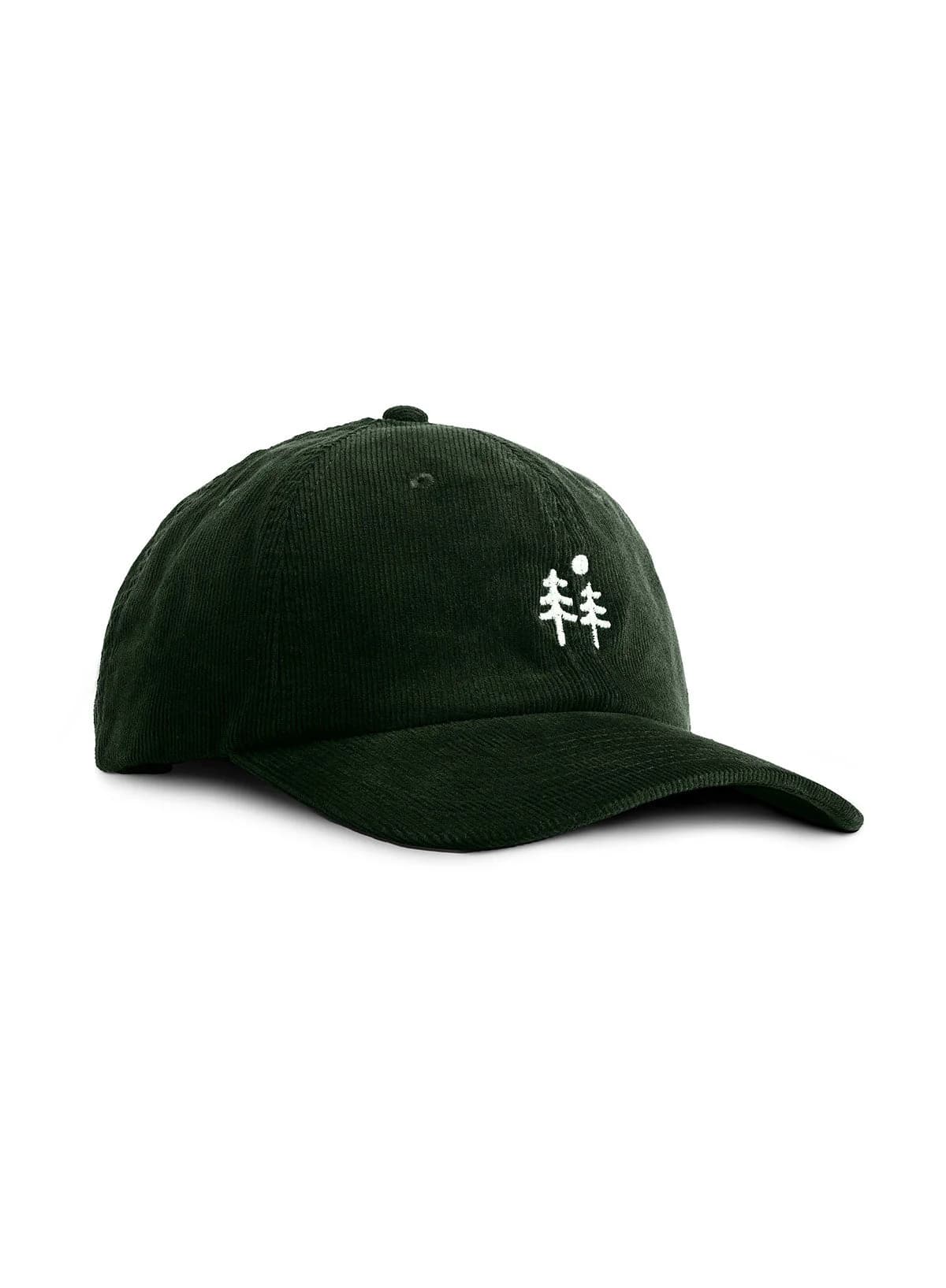 A Sutsu Two Trees Heritage Cord Cap in green - corduroy caps with an embroidered trees and sun graphic.