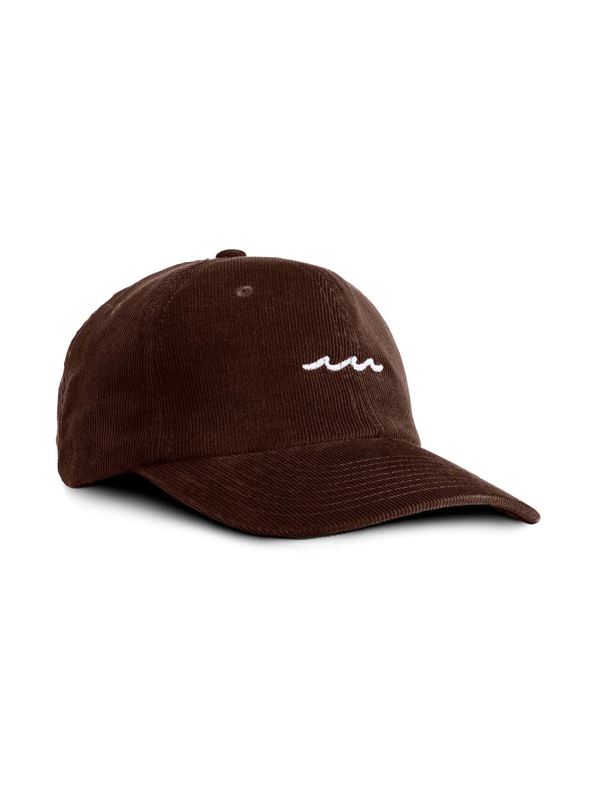 A Sutsu Wavey Heritage Cord Cap in brown - a corduroy cap with an embroidered wave graphic - shown against a white background.