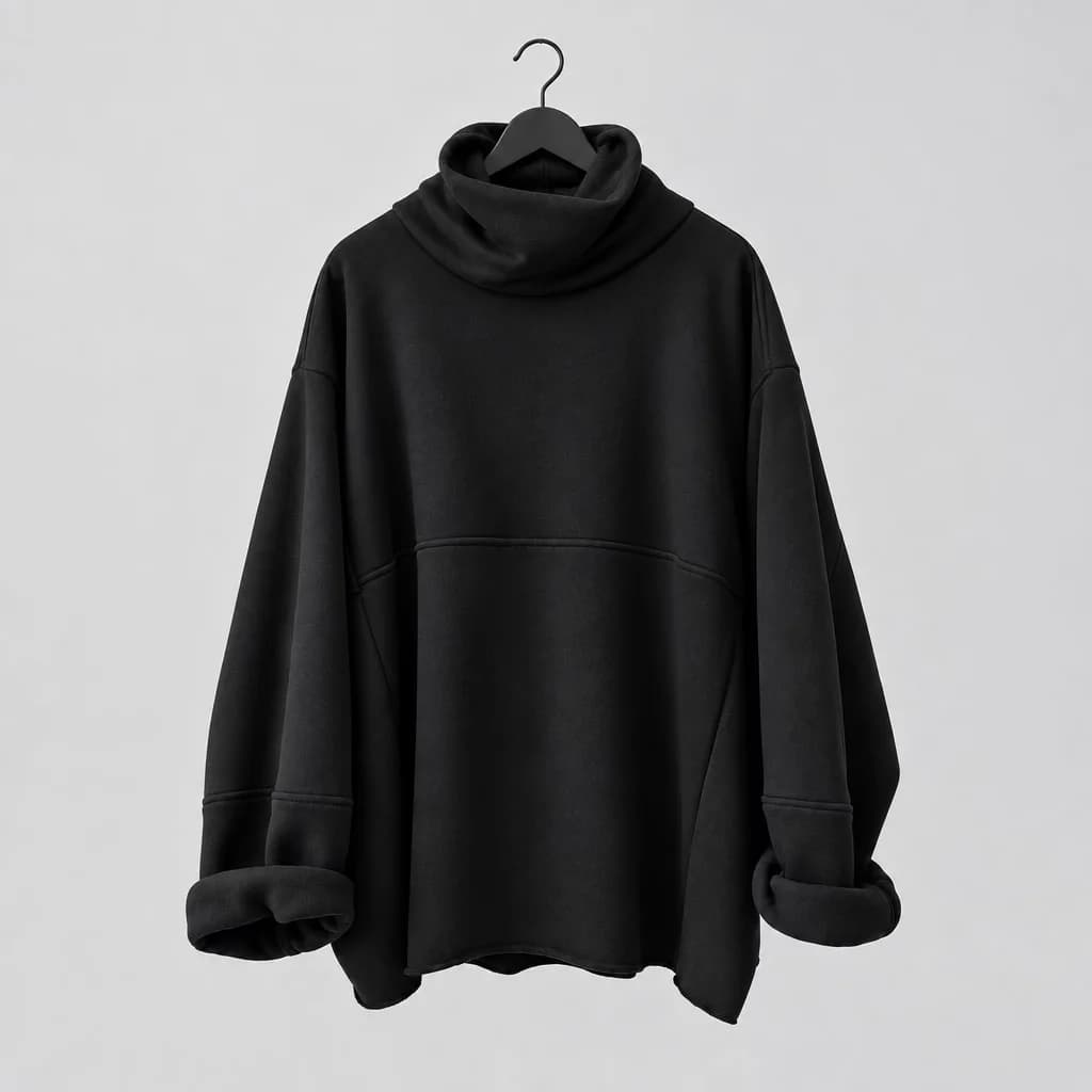 A dark charcoal gray oversized pullover hoodie with a high folded cowl neck and long sleeves, hanging on a black hanger against a white paneled wall.