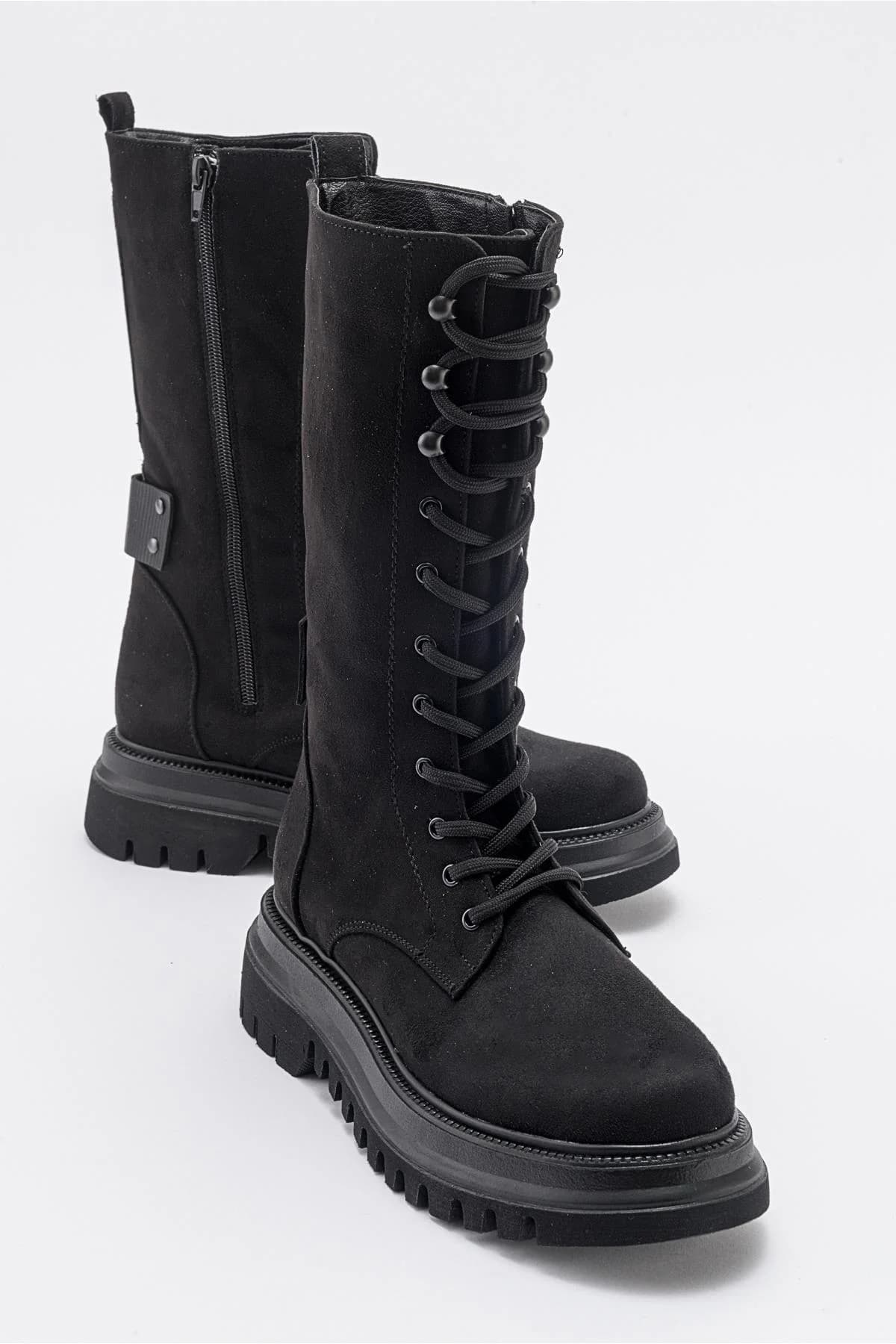 Rise - Black Suede Lace-Up Zip Combat Boot (Women)