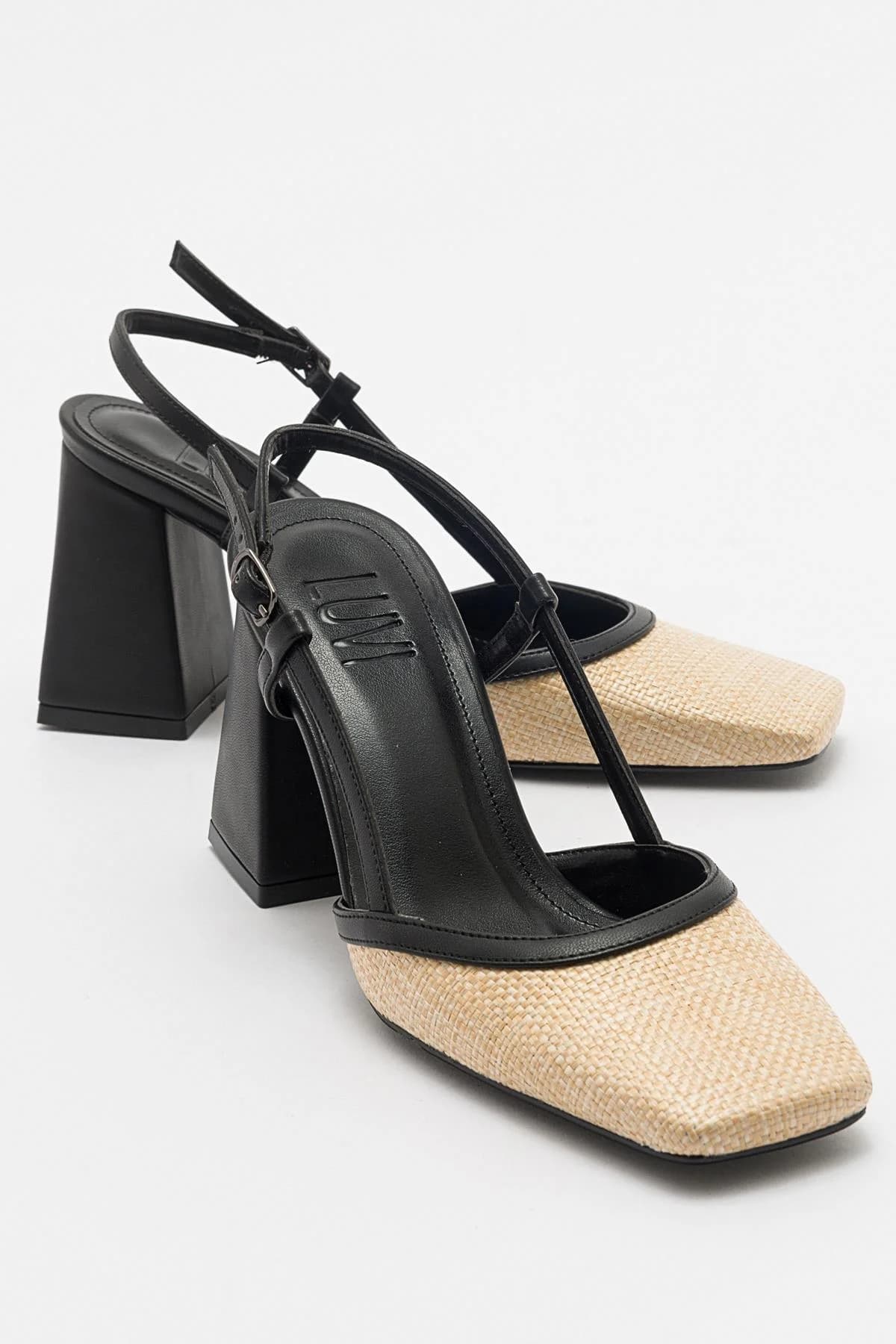 Rivie Black Raffia Round Toe Chunky Heel Shoe – image 1