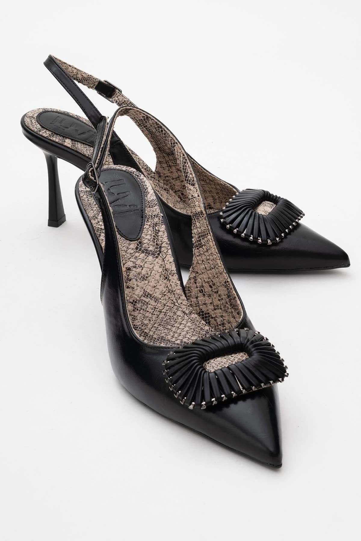 Spera Black Patterned Buckle Slingback Stiletto – image 1