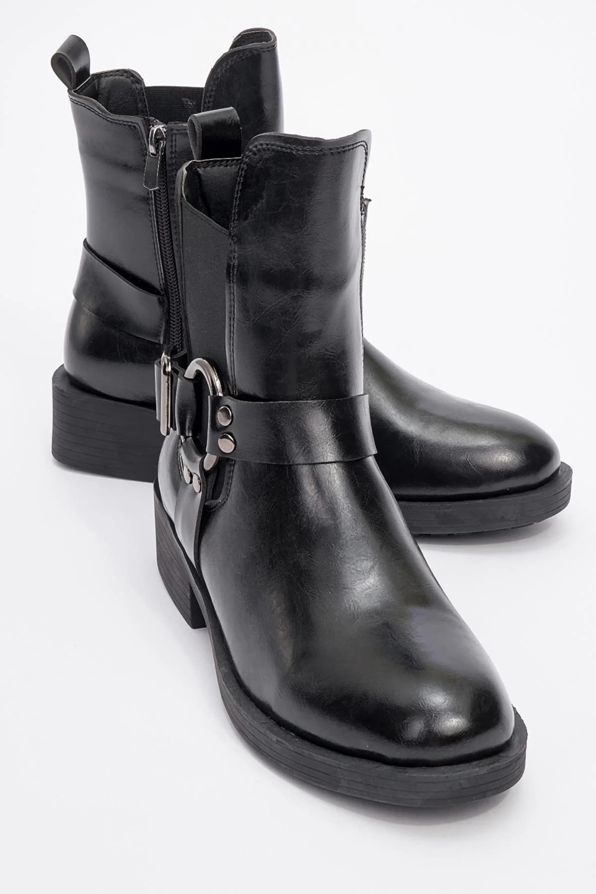 Black Flat Heel Buckle Elastic Zip Ankle Boot – image 1