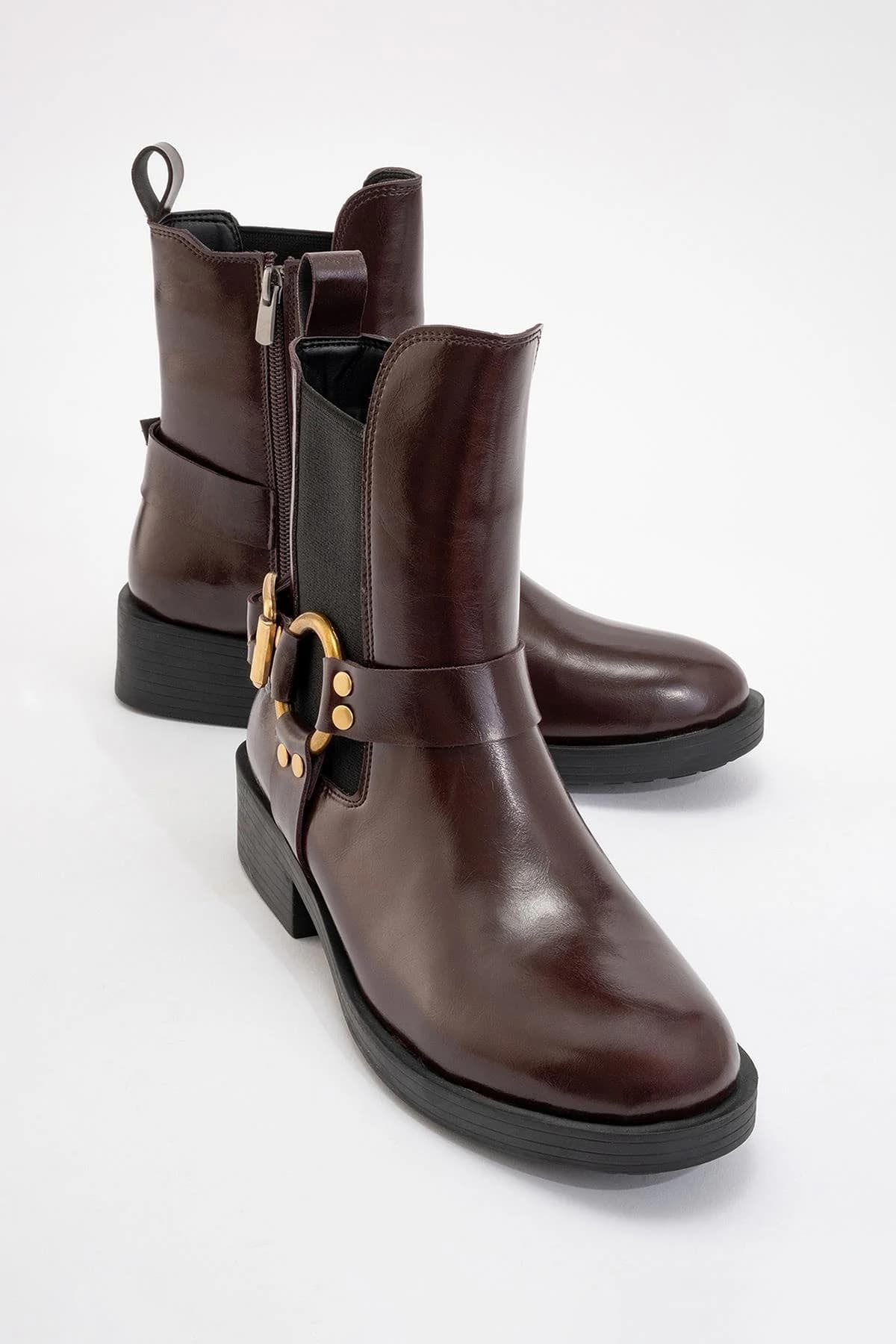 Burgundy Buckle Elastic Zip Boot – image 1