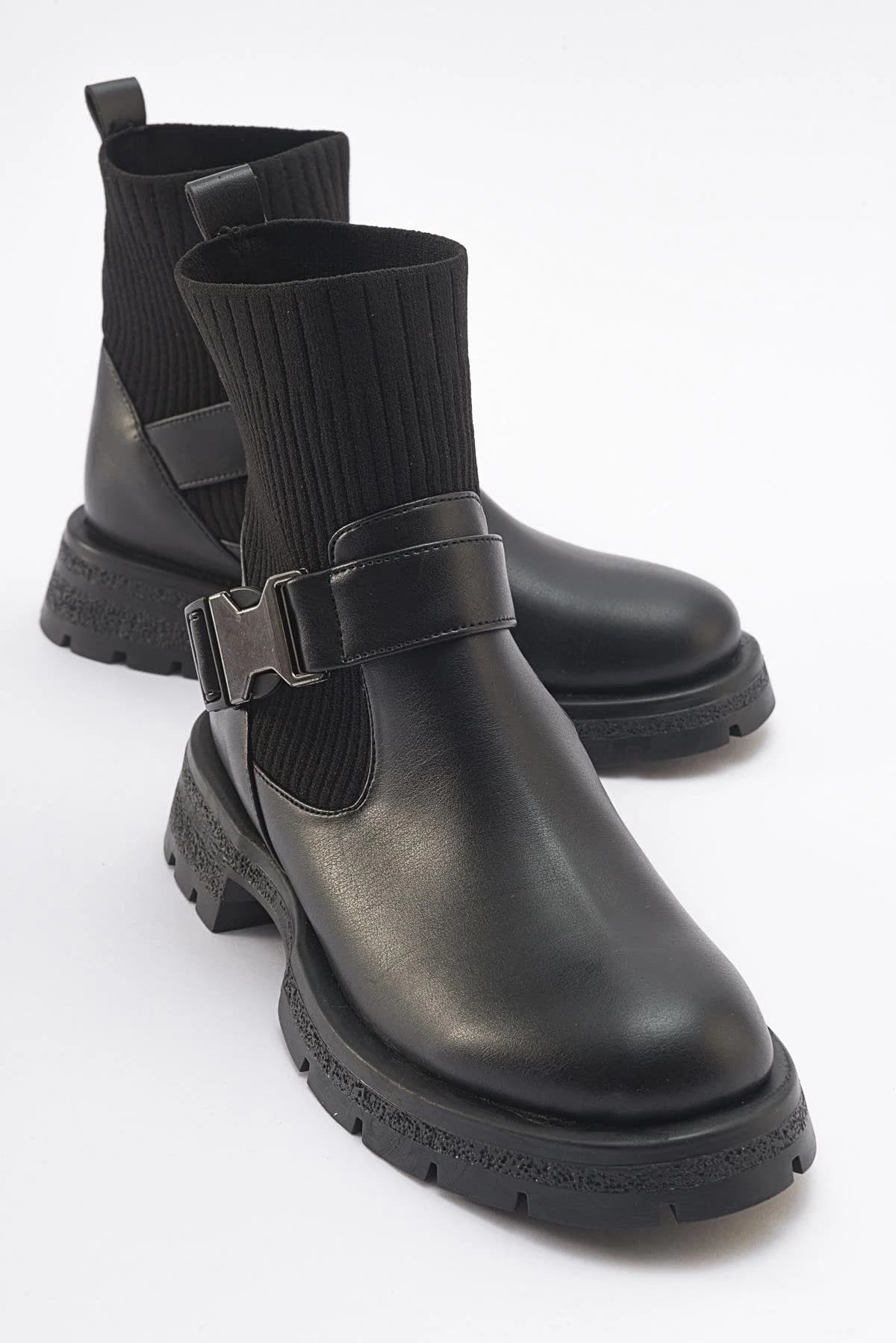 Valon - Black Buckle Knit-Detail Boot (Women)