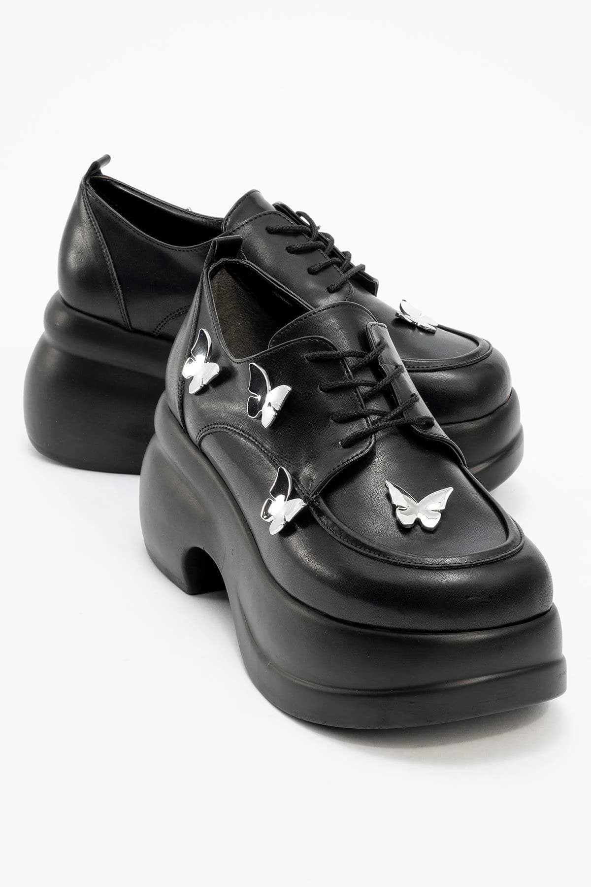 Vaness - Black Lace-Up Butterfly Buckle Wedge Heel Casual Shoe (Women)