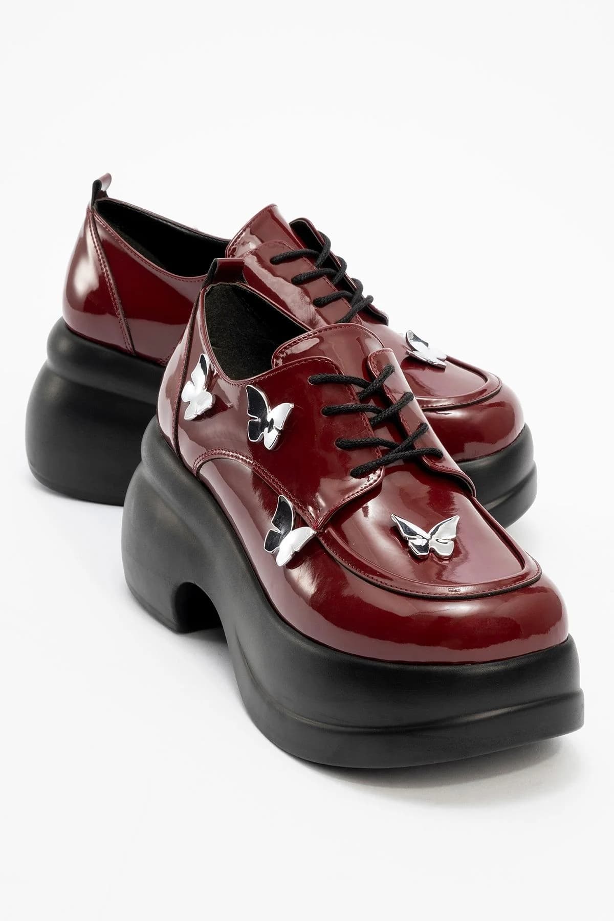 Vaness - Burgundy Patent Lace-Up Butterfly Buckle Wedge Heel Casual Shoe (Women)