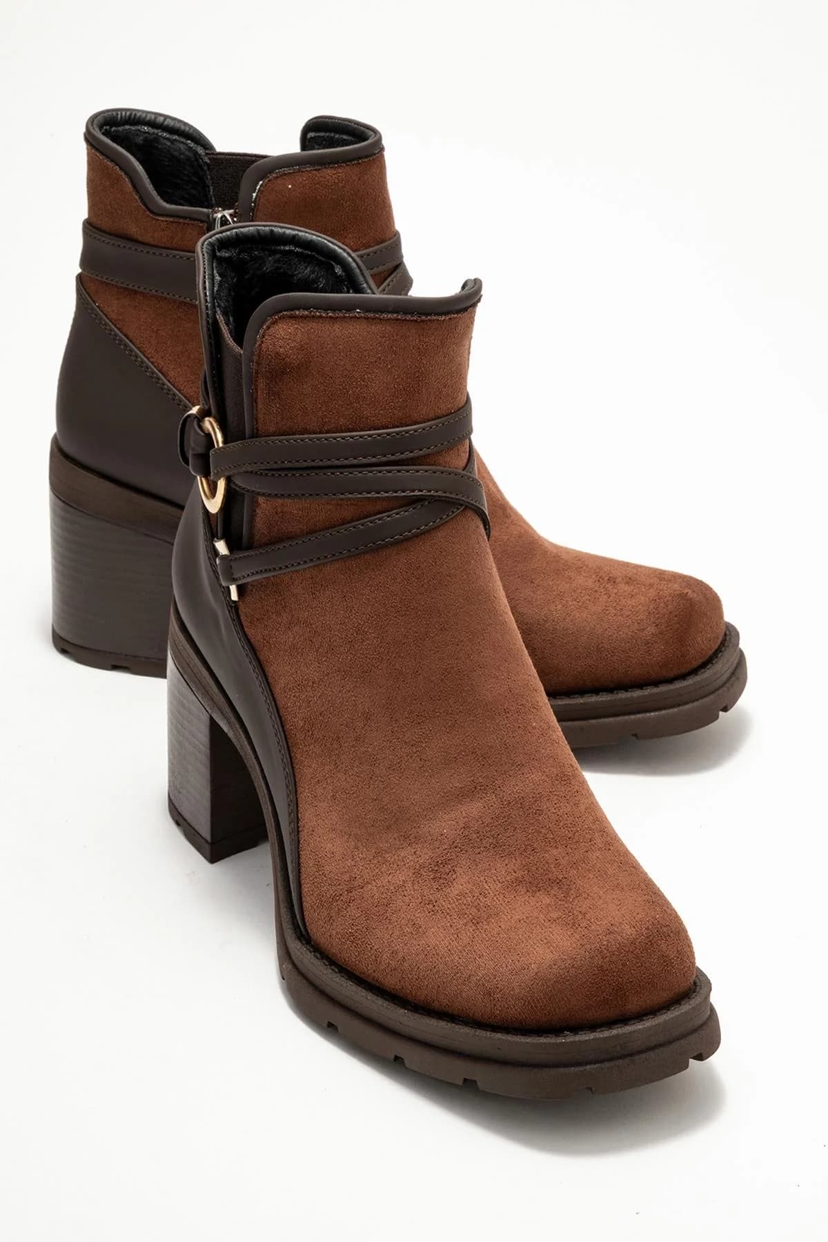 Brown Buckle-Detail Block Heel Boot – image 1