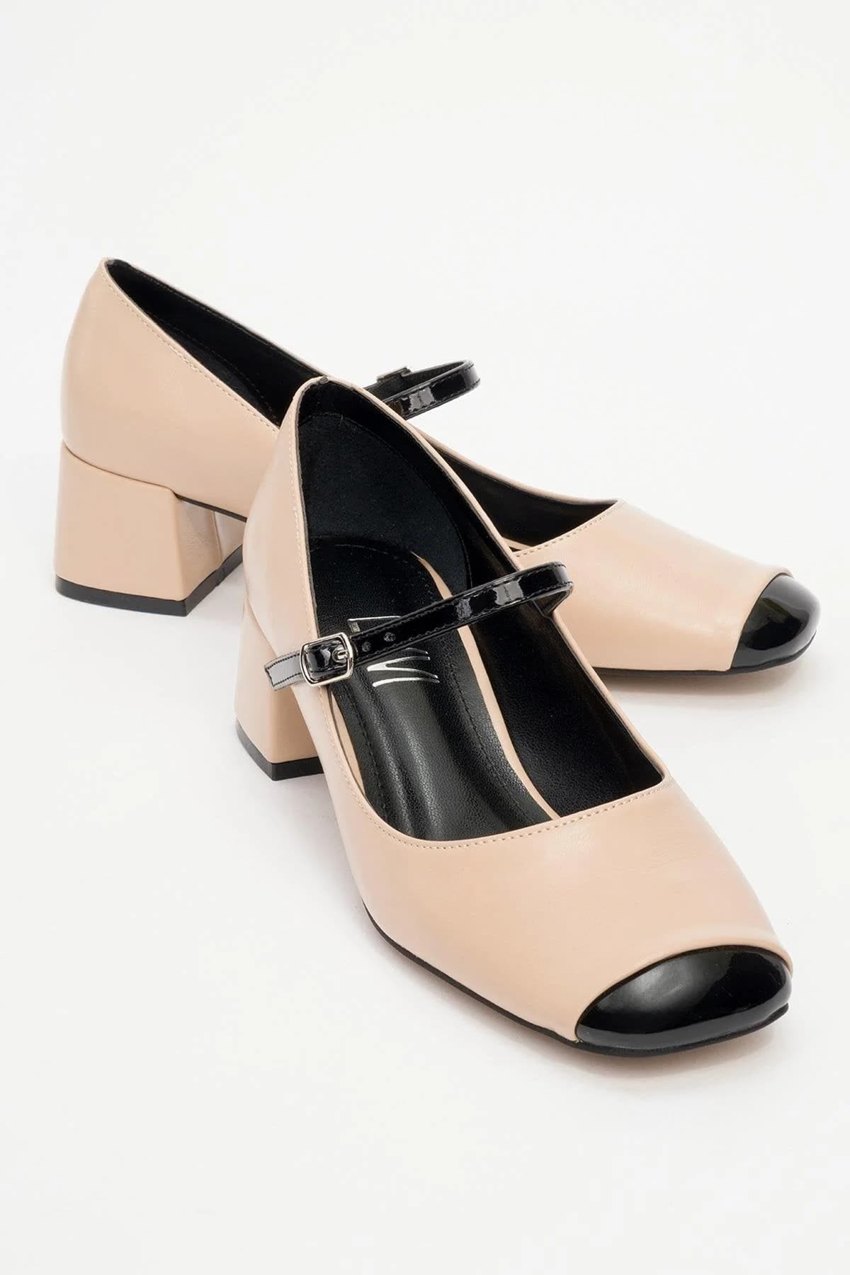Apena - Beige/Black Patent Low Block Heel Shoe (Women)