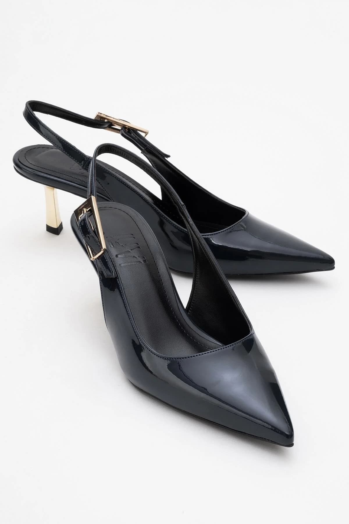 Arty - Navy Patent Buckled Pointed Toe Slingback Stiletto (Women)