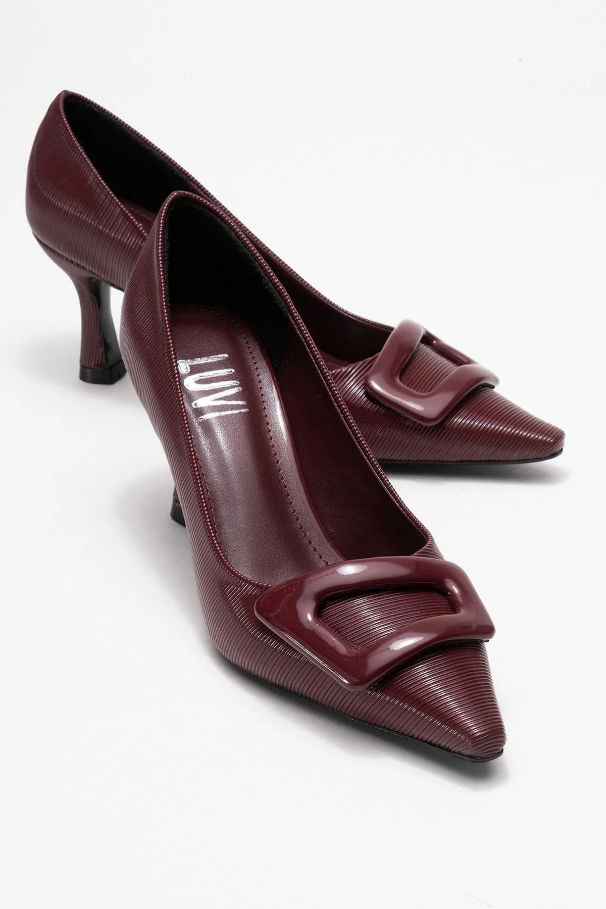 Astra Burgundy Striped Buckle Heeled Pump – image 1