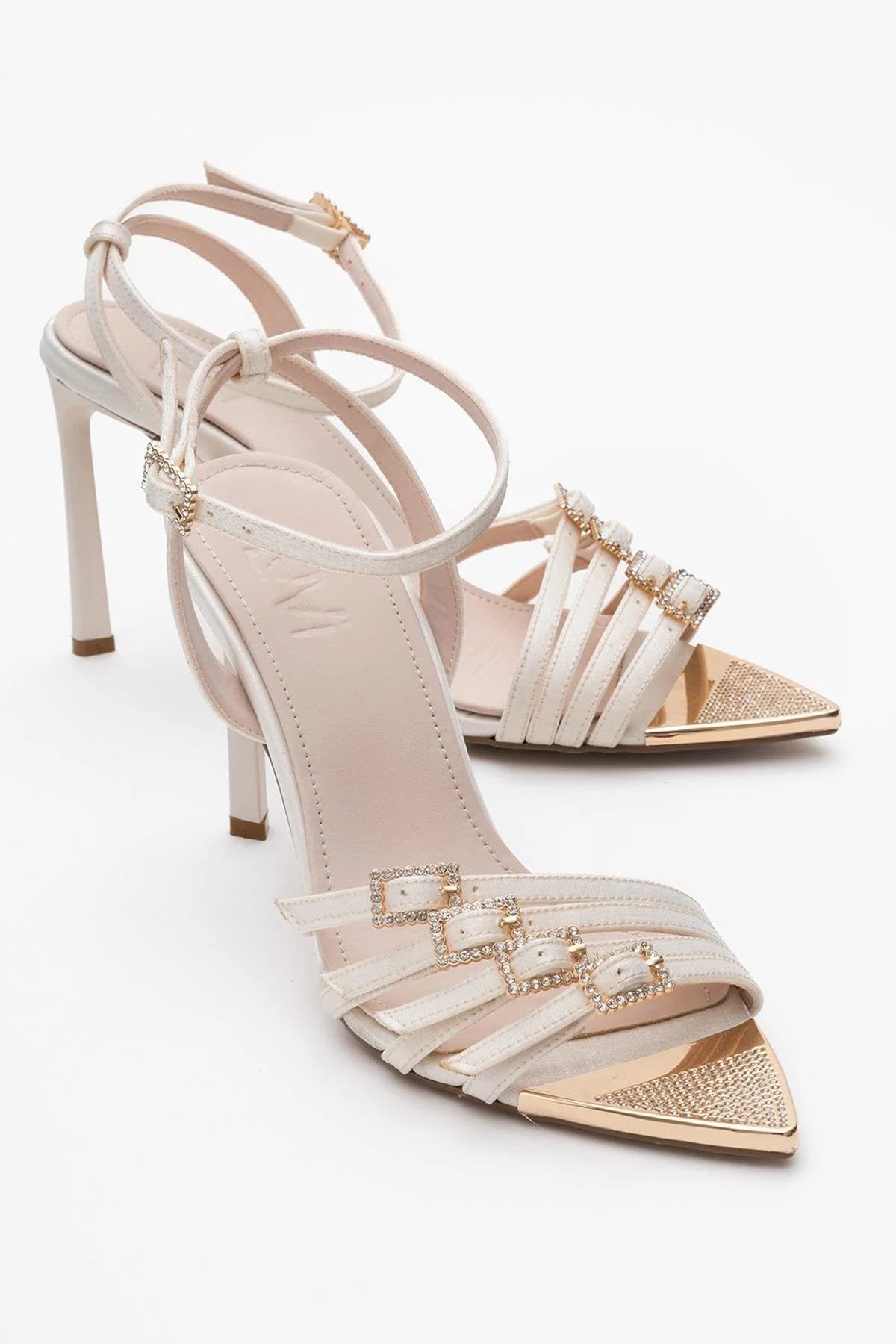 Auro - Beige Satin Jeweled Buckle Heeled Shoe (Women)