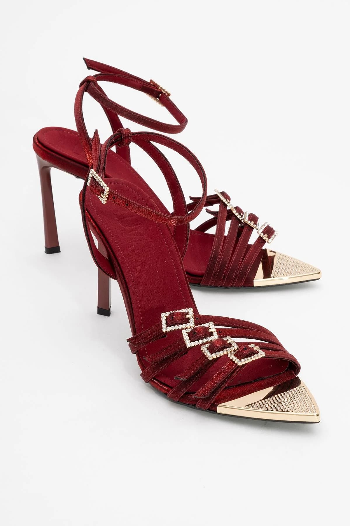 Auro - Burgundy Satin Embellished Buckled High Heel Pump (Women)