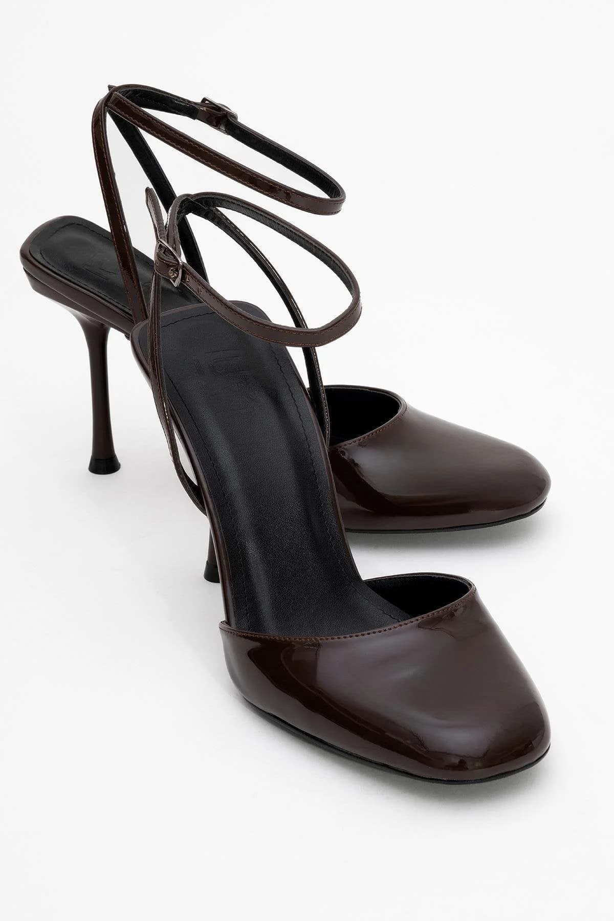 Brown Patent Round Toe Ankle-Tie High Heel – image 1