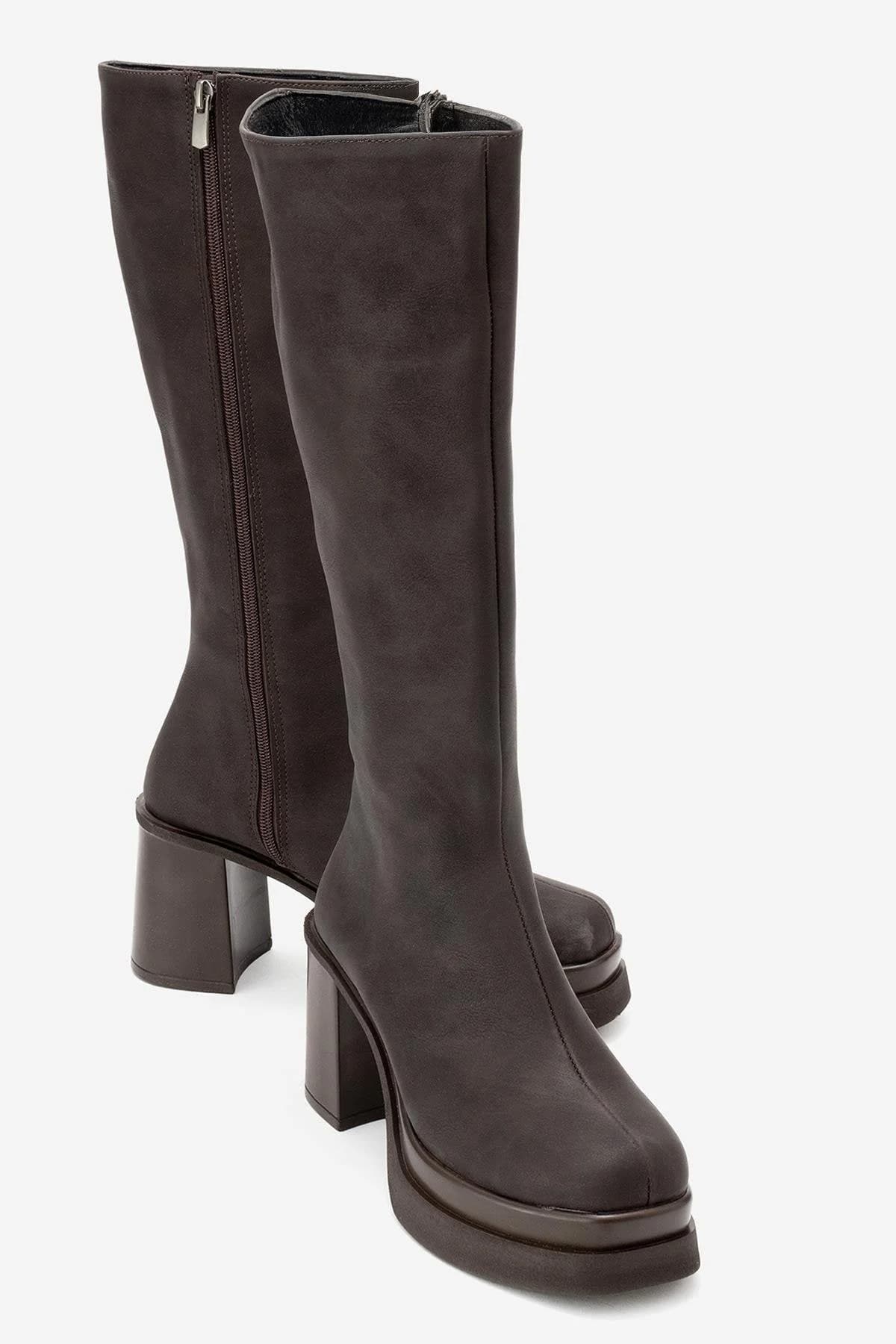 Carm - Brown Nubuck Platform Heel Mid-Calf Boot (Women)