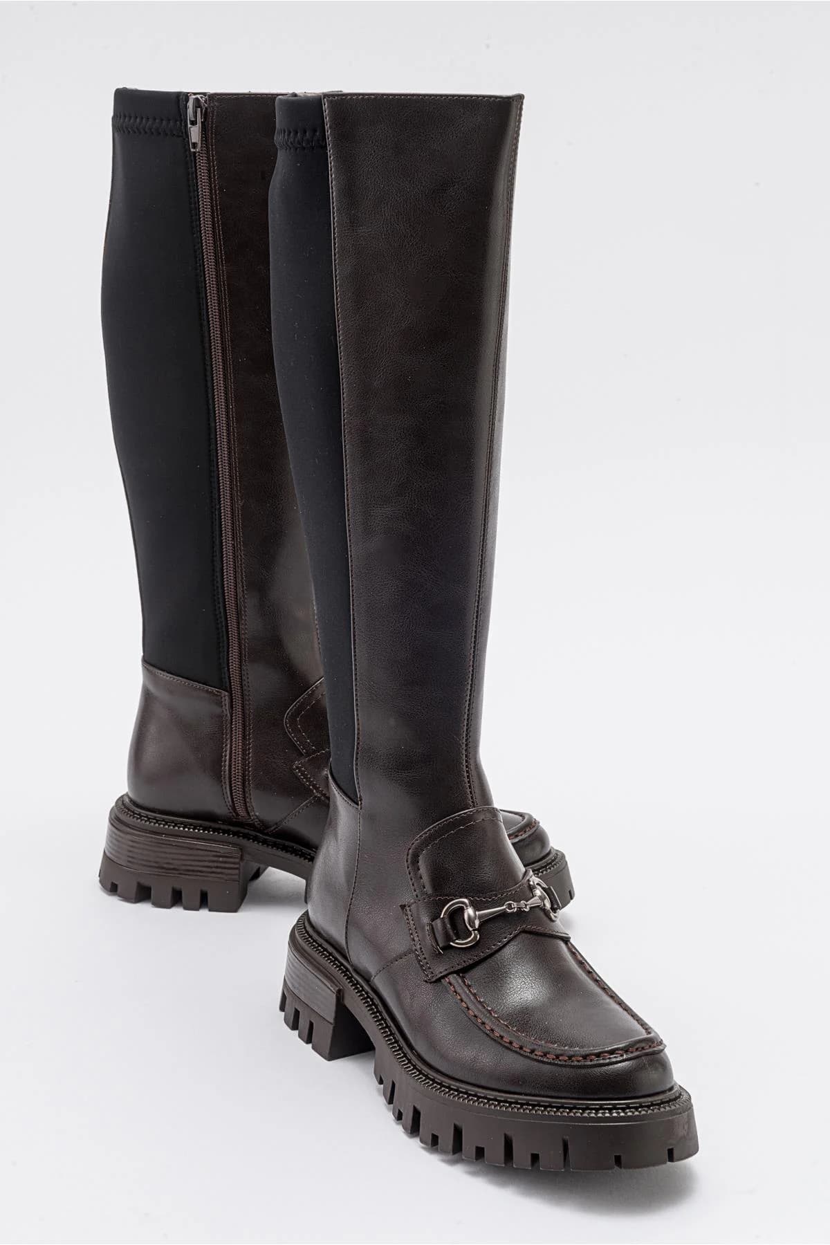 Chapel Brown Leather Buckle Stretch Detail Boot – image 1