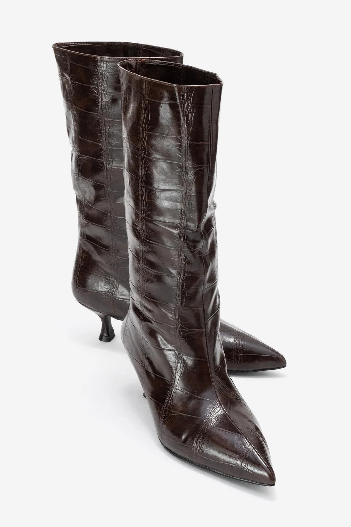 Crow - Brown Embossed Pointed Toe Short Heeled Boot (Women)