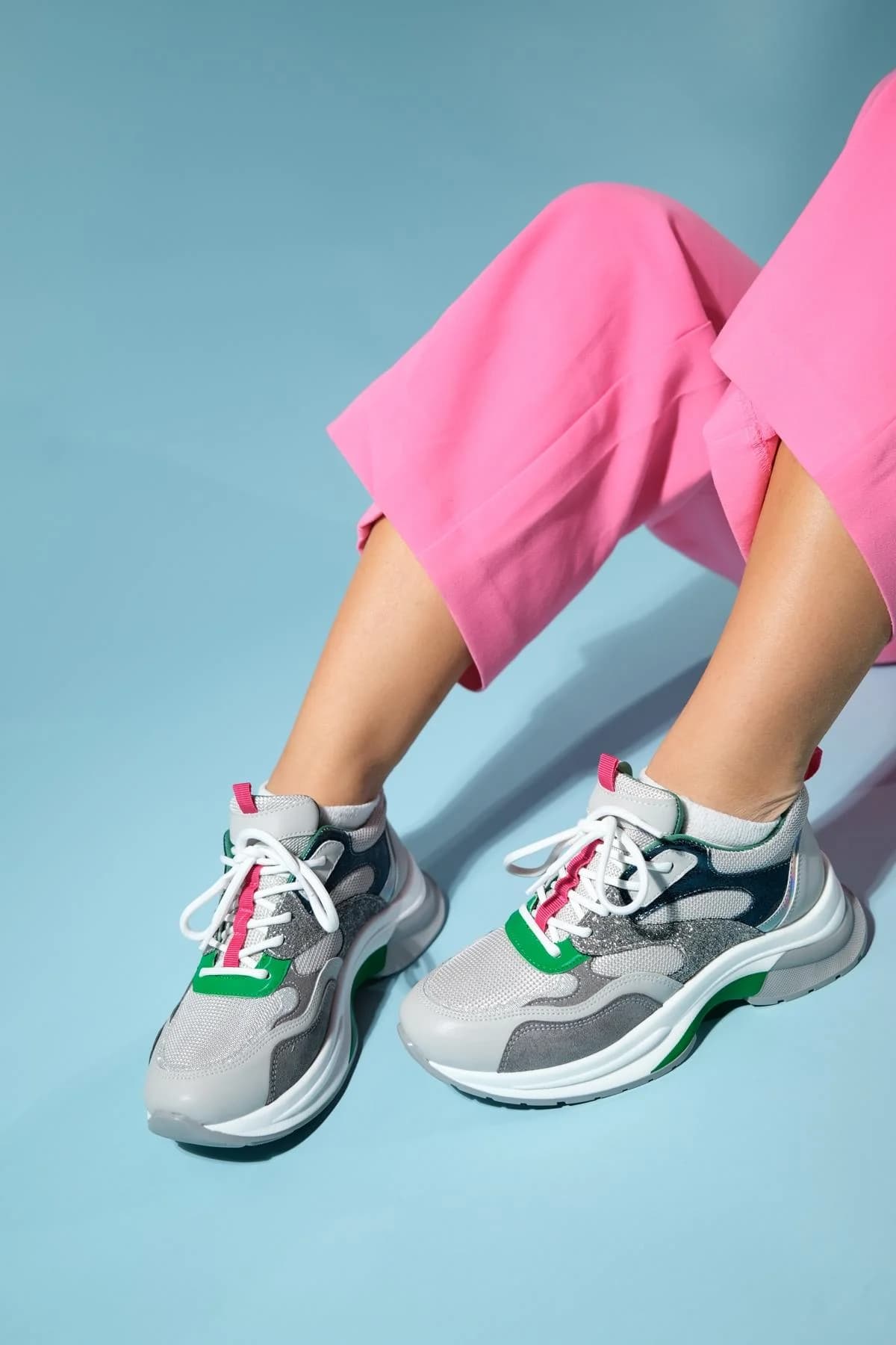 Crown - Grey Glitter Lace-Up Chunky Sneaker (Women)