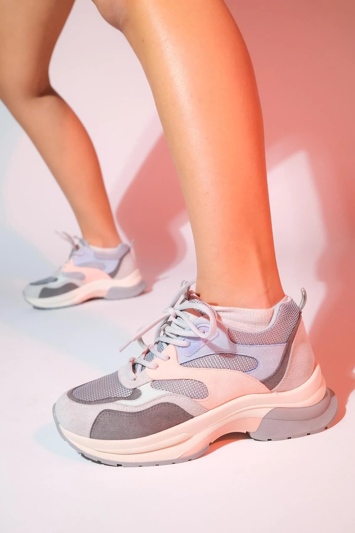 Crown - Powder Pink Multi Lace-Up Thick Sole Sport Sneakers (Women)