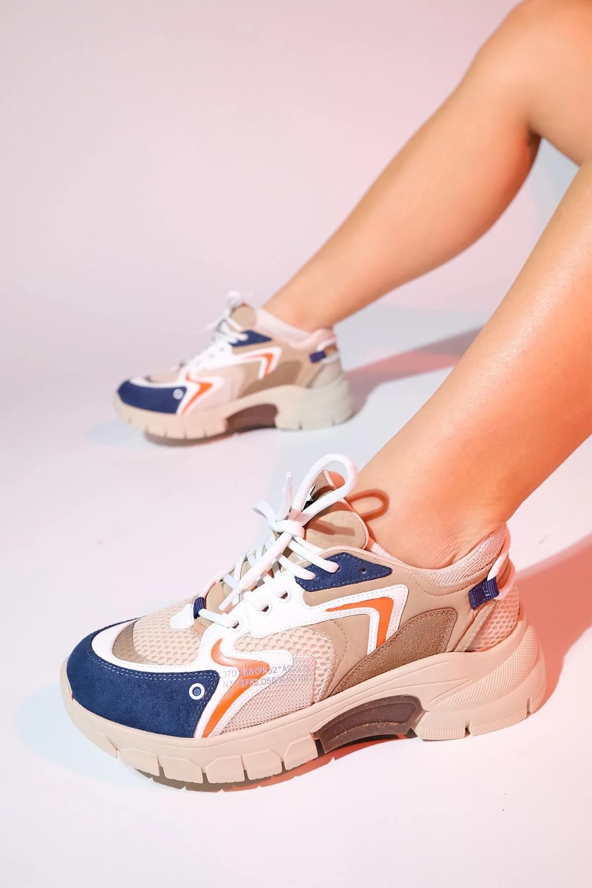 Duja - Beige Navy Multi Chunky Sole Sport Sneaker (Women)