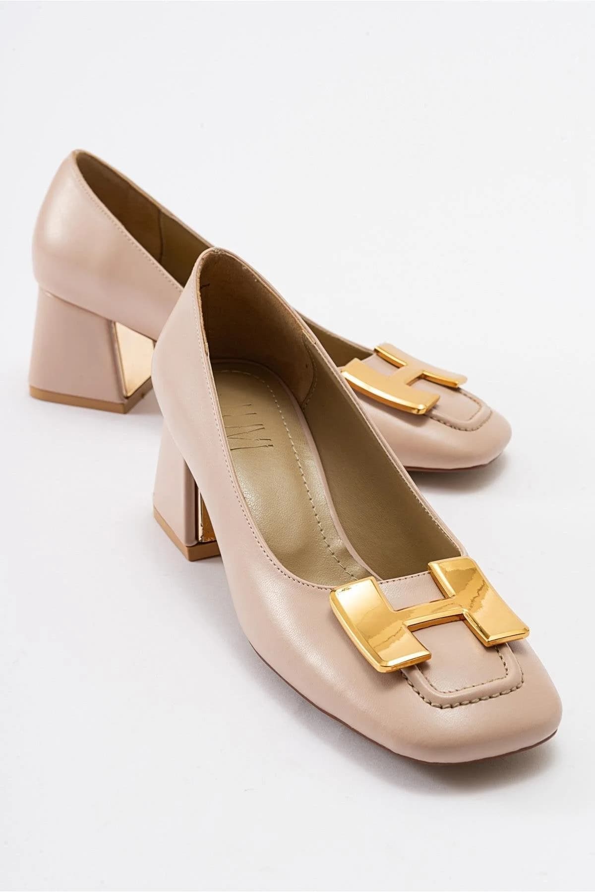 Elois - Beige Gold Buckled Heeled Shoe (Women)