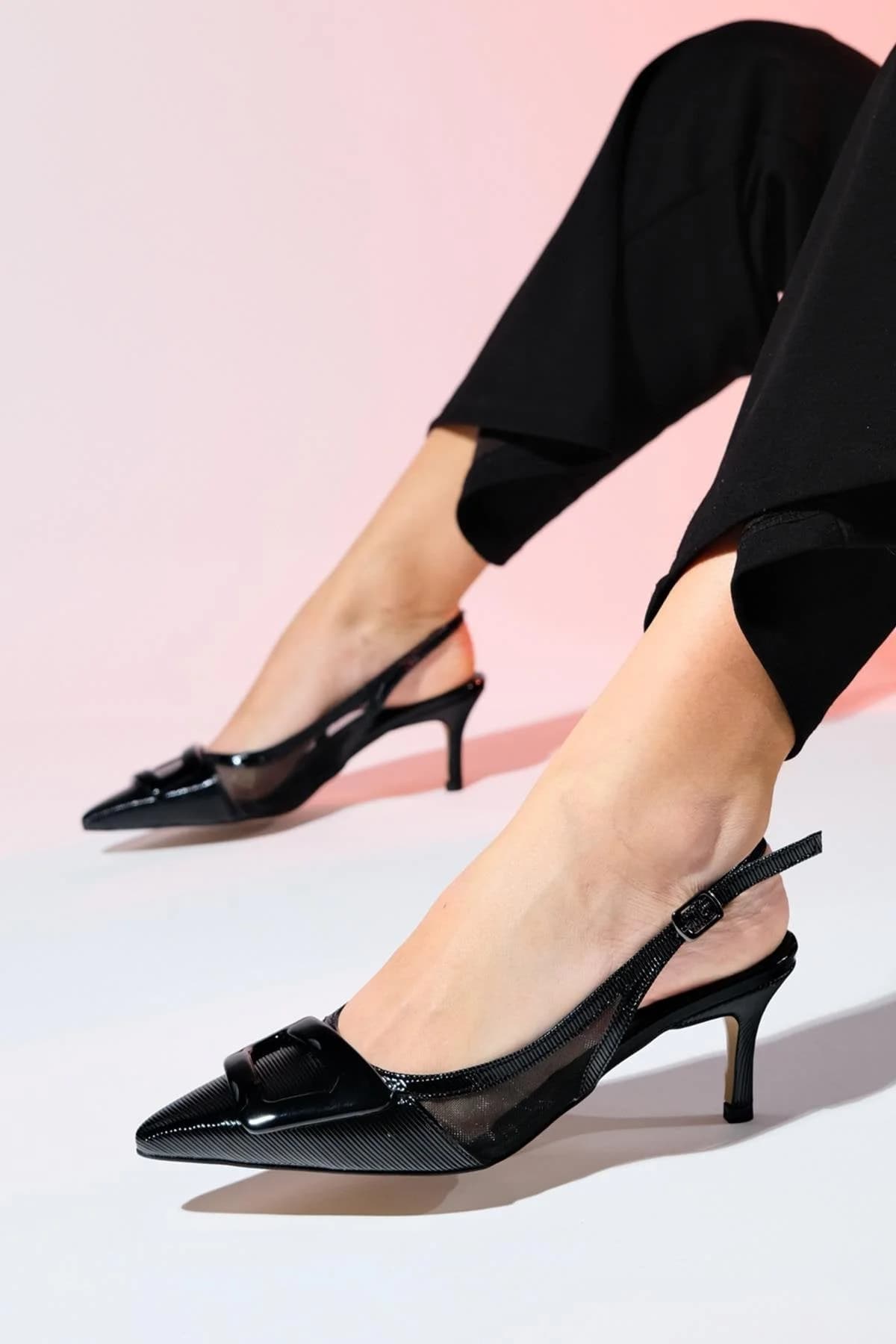 Foley - Black Patent Striped Pointed Toe Backless Stiletto Pump (Women)