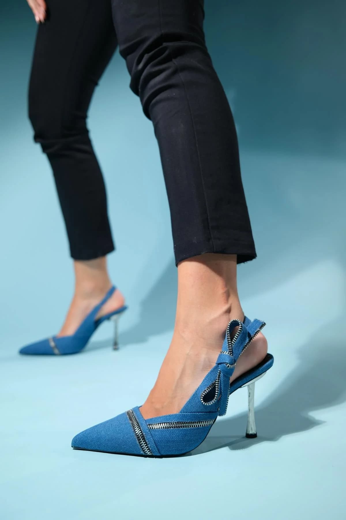 Glen Denim Blue Zipper-Detail High Heel Shoe – image 1