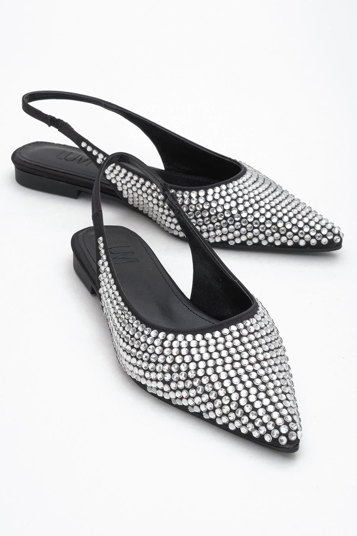 Ida - Black Silver Pointed Toe Slingback Ballerina Flat (Women)